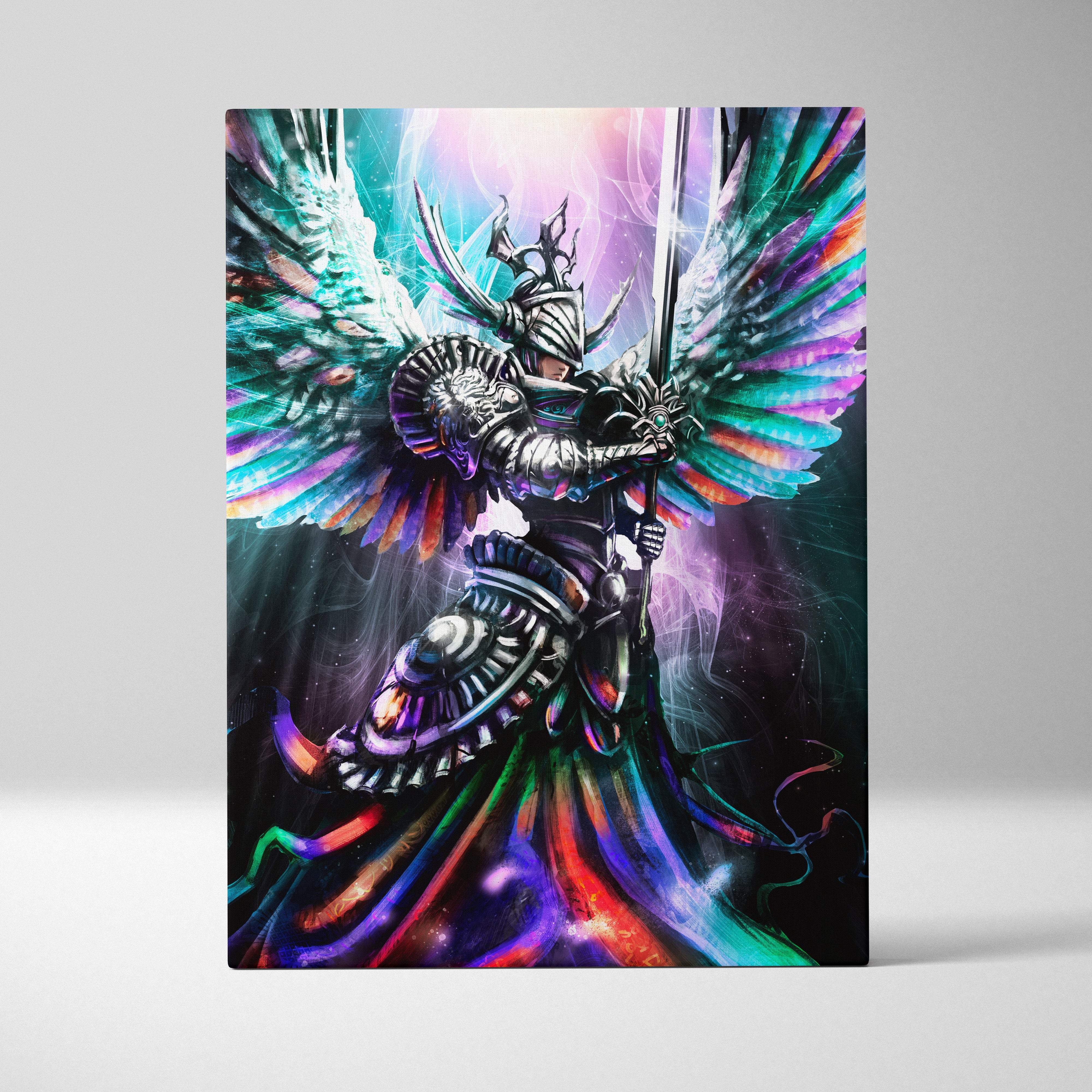 Vibrant iridescent winged warrior in ornate silver armor on a rectangular canvas for luminous fantasy wall decor