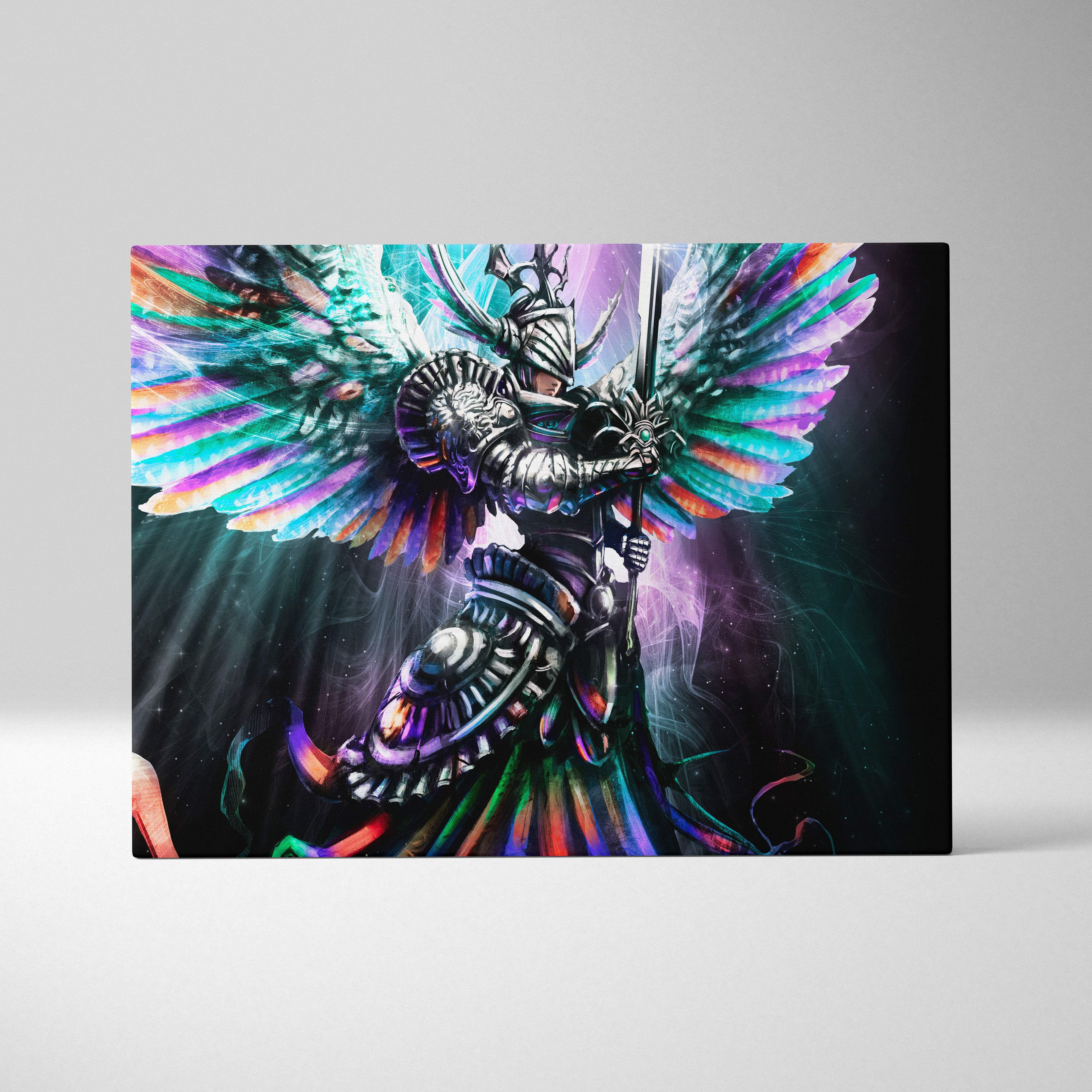 Vibrant celestial angel warrior wall art featuring iridescent metallic armor and radiant rainbow feathers on canvas print