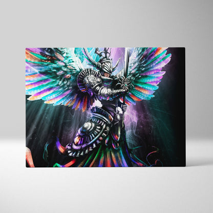 Celestial Angel Warrior Wall Art – Radiant Winged Knight with Sword, Vibrant Rainbow Feathers, Fantasy Armor Illustration, Divine Light Cosmic Decor Print