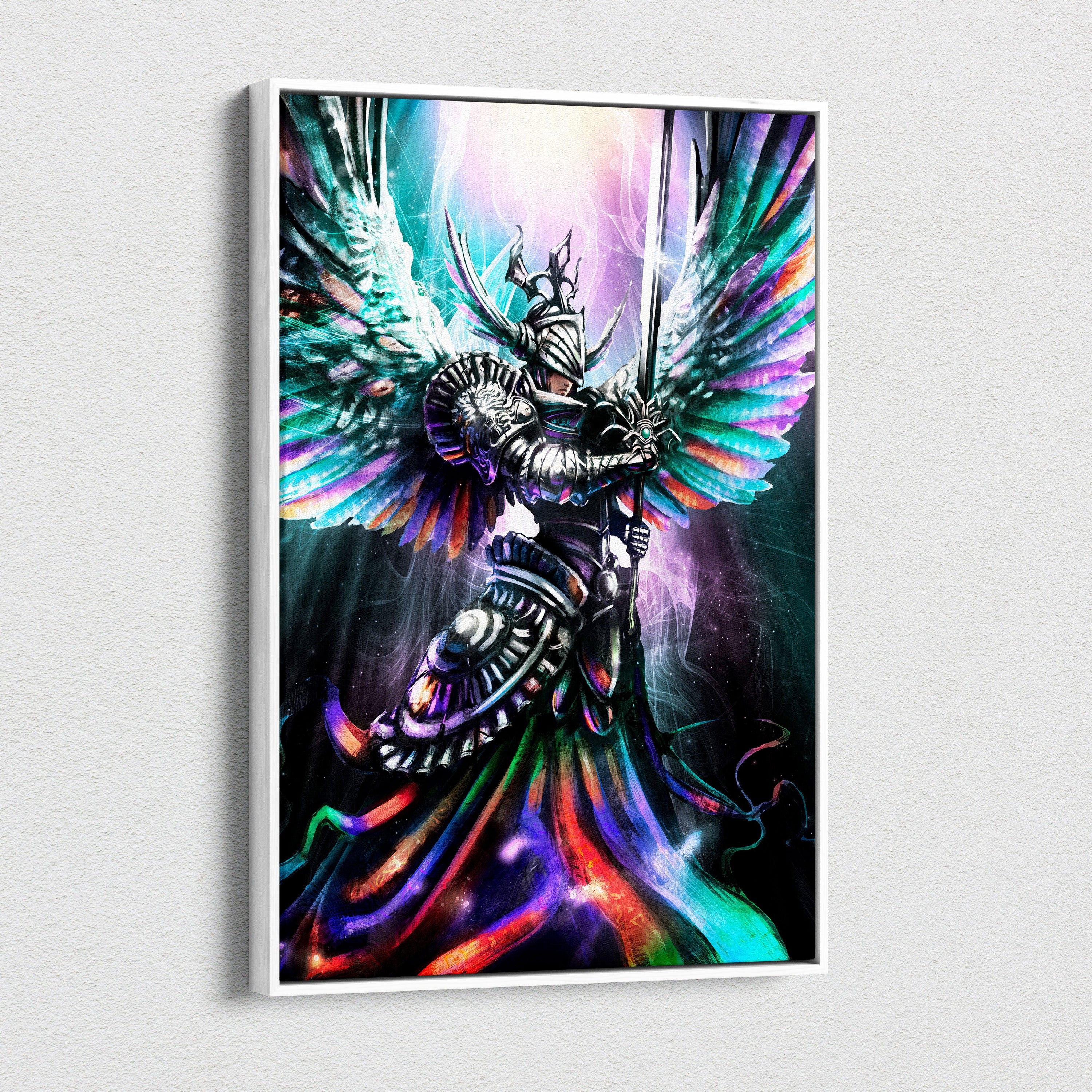 Celestial Prism Guardian – Rainbow Angel Warrior Canvas Art, Vibrant Winged Knight with Sword, Luminous Fantasy Digital Painting Wall Decor