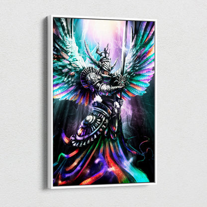 Celestial Prism Guardian – Rainbow Angel Warrior Canvas Art, Vibrant Winged Knight with Sword, Luminous Fantasy Digital Painting Wall Decor