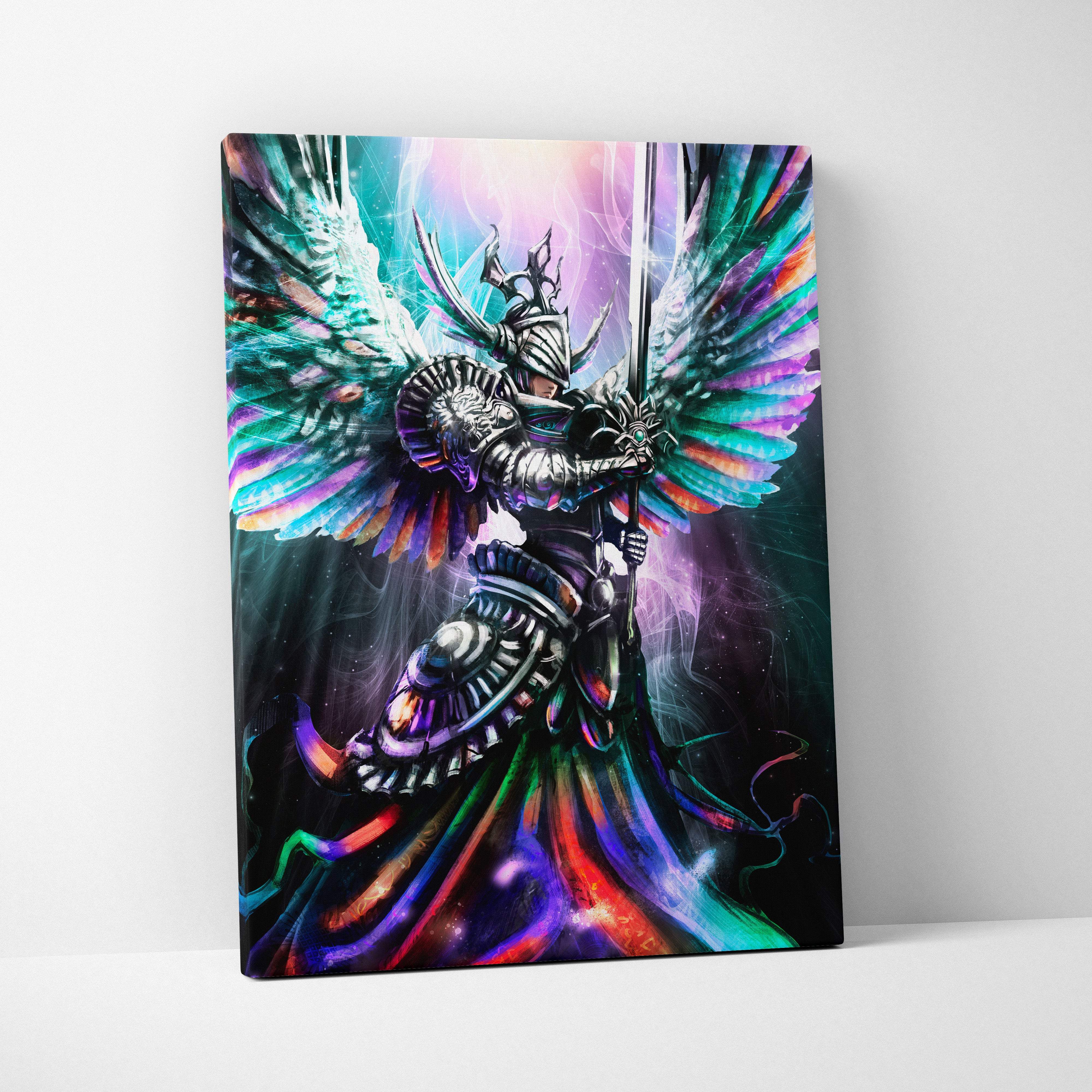 Celestial prism guardian canvas art of vibrant winged angel warrior with metallic armor and cosmic color gradients