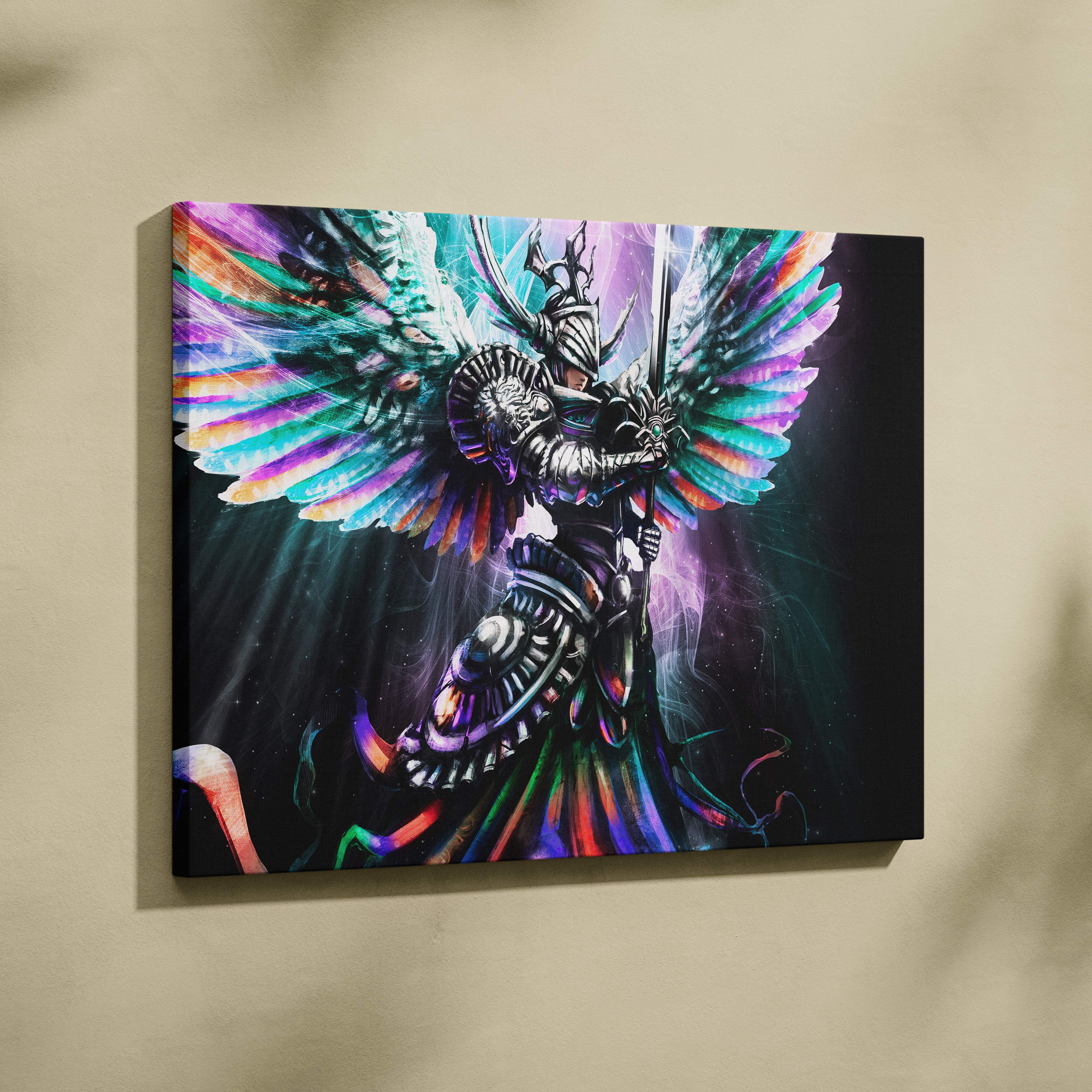 Vibrant rainbow-colored winged angel canvas print featuring intricate metallic fantasy armor in celestial warrior design