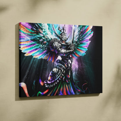 Celestial Angel Warrior Wall Art – Radiant Winged Knight with Sword, Vibrant Rainbow Feathers, Fantasy Armor Illustration, Divine Light Cosmic Decor Print