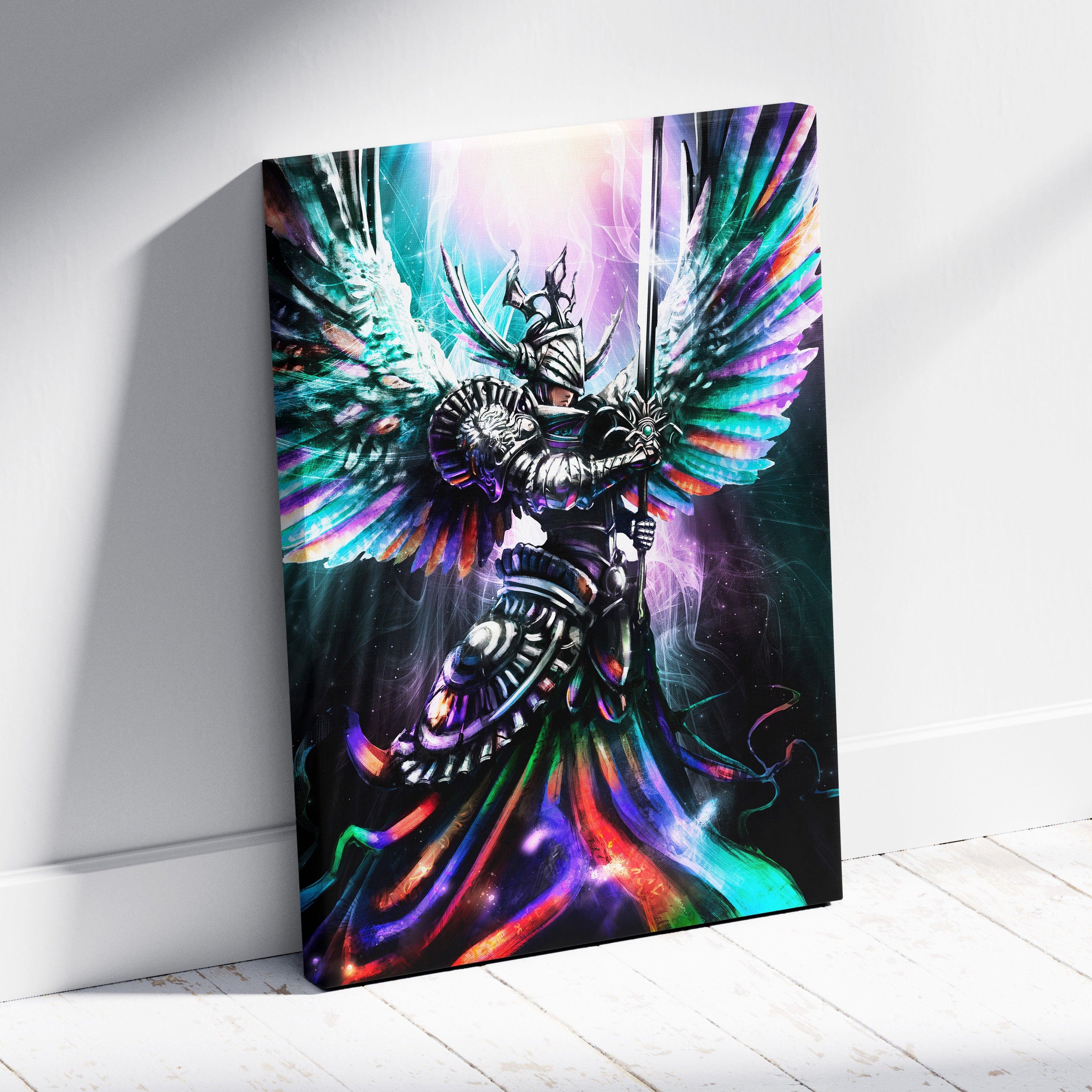 Celestial Prism Guardian – Rainbow Angel Warrior Canvas Art, Vibrant Winged Knight with Sword, Luminous Fantasy Digital Painting Wall Decor