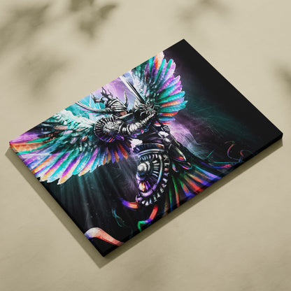 Celestial Angel Warrior Wall Art – Radiant Winged Knight with Sword, Vibrant Rainbow Feathers, Fantasy Armor Illustration, Divine Light Cosmic Decor Print