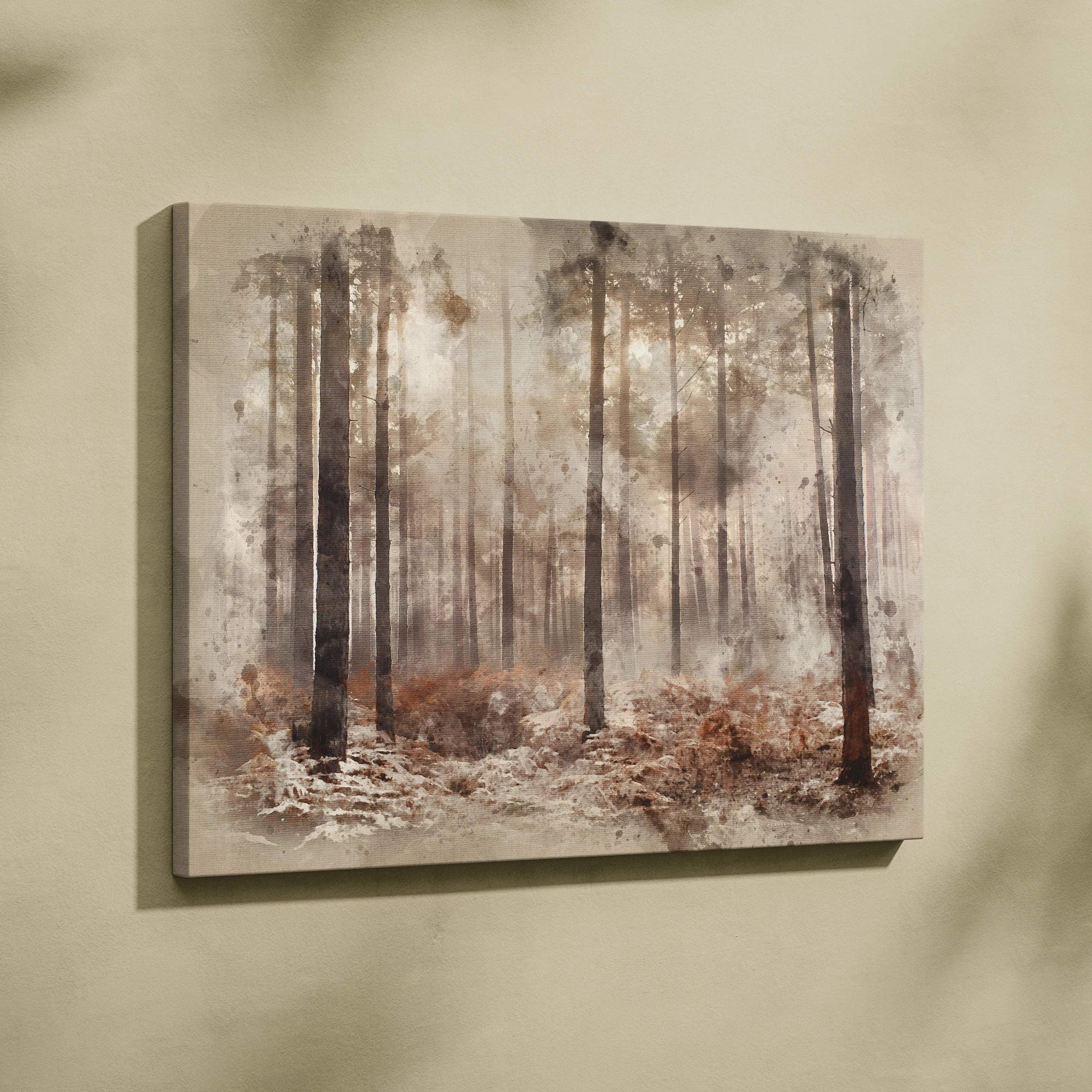 Misty woodland watercolor forest canvas art in muted sepia earthy browns