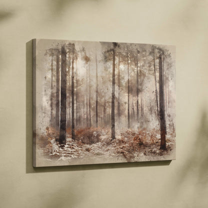 Misty woodland watercolor forest canvas art in muted sepia earthy browns