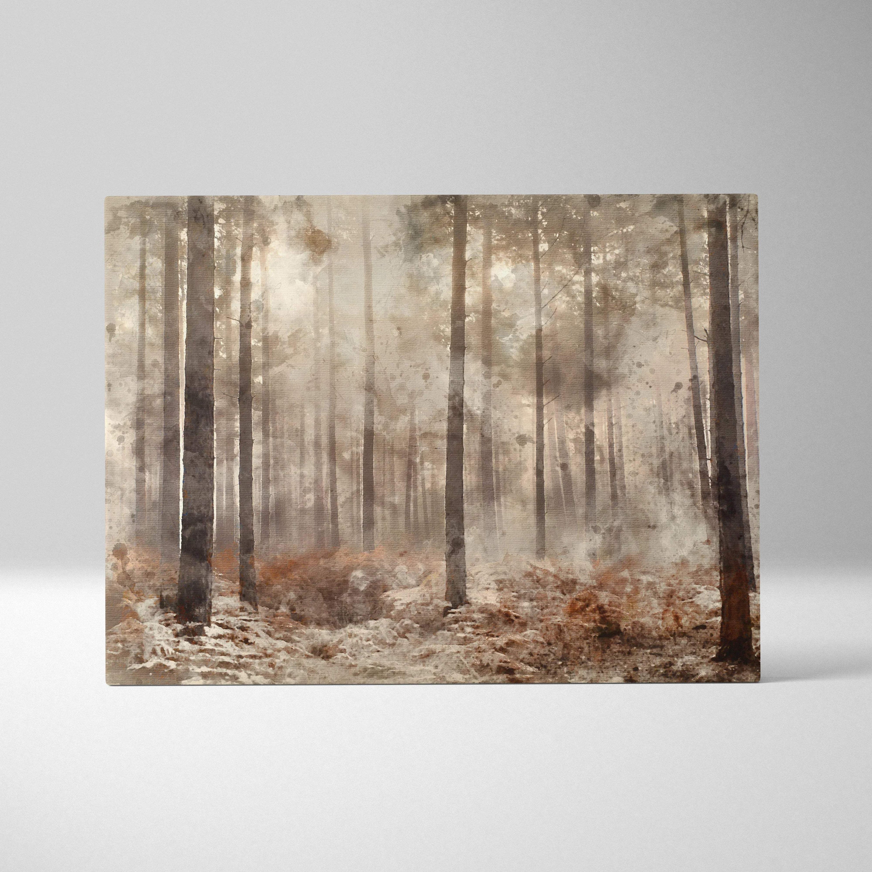 Misty woodland watercolor forest canvas art in sepia beige earth tones