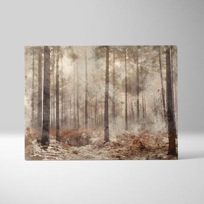Misty woodland watercolor forest canvas art in sepia beige earth tones