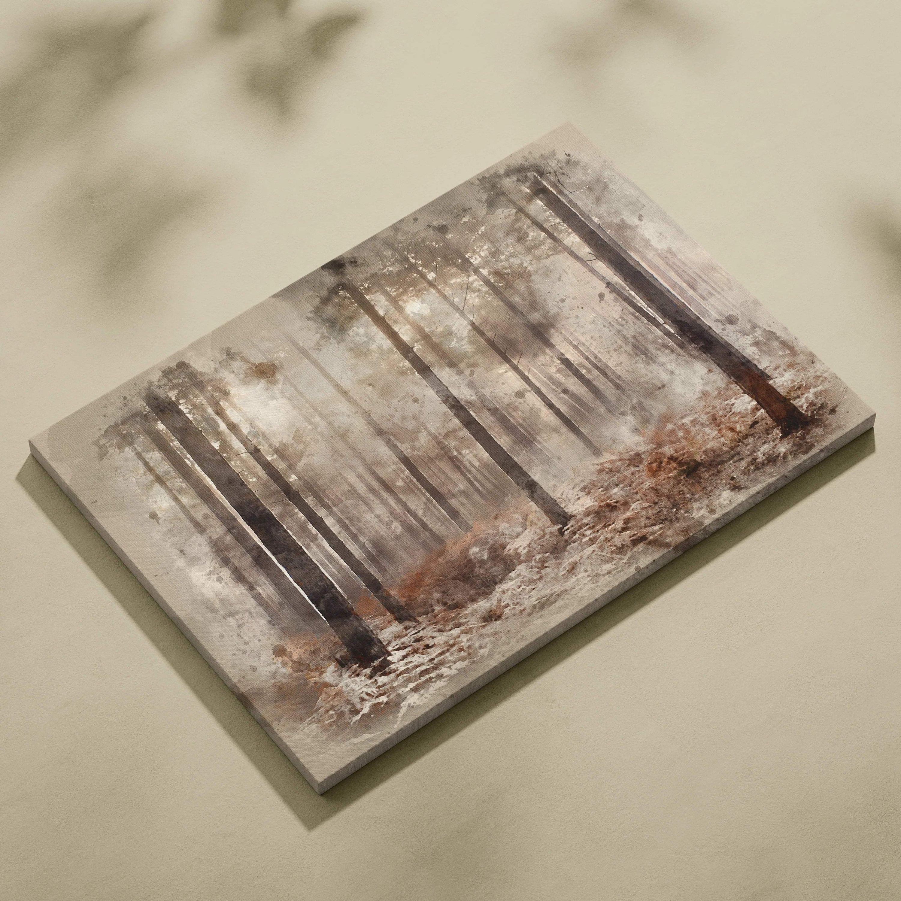Misty woodland watercolor forest canvas art in muted sepia beige tones