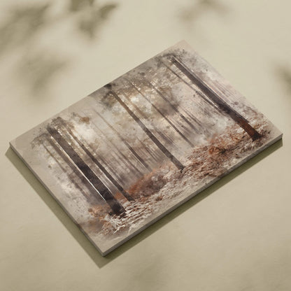 Misty woodland watercolor forest canvas art in muted sepia beige tones