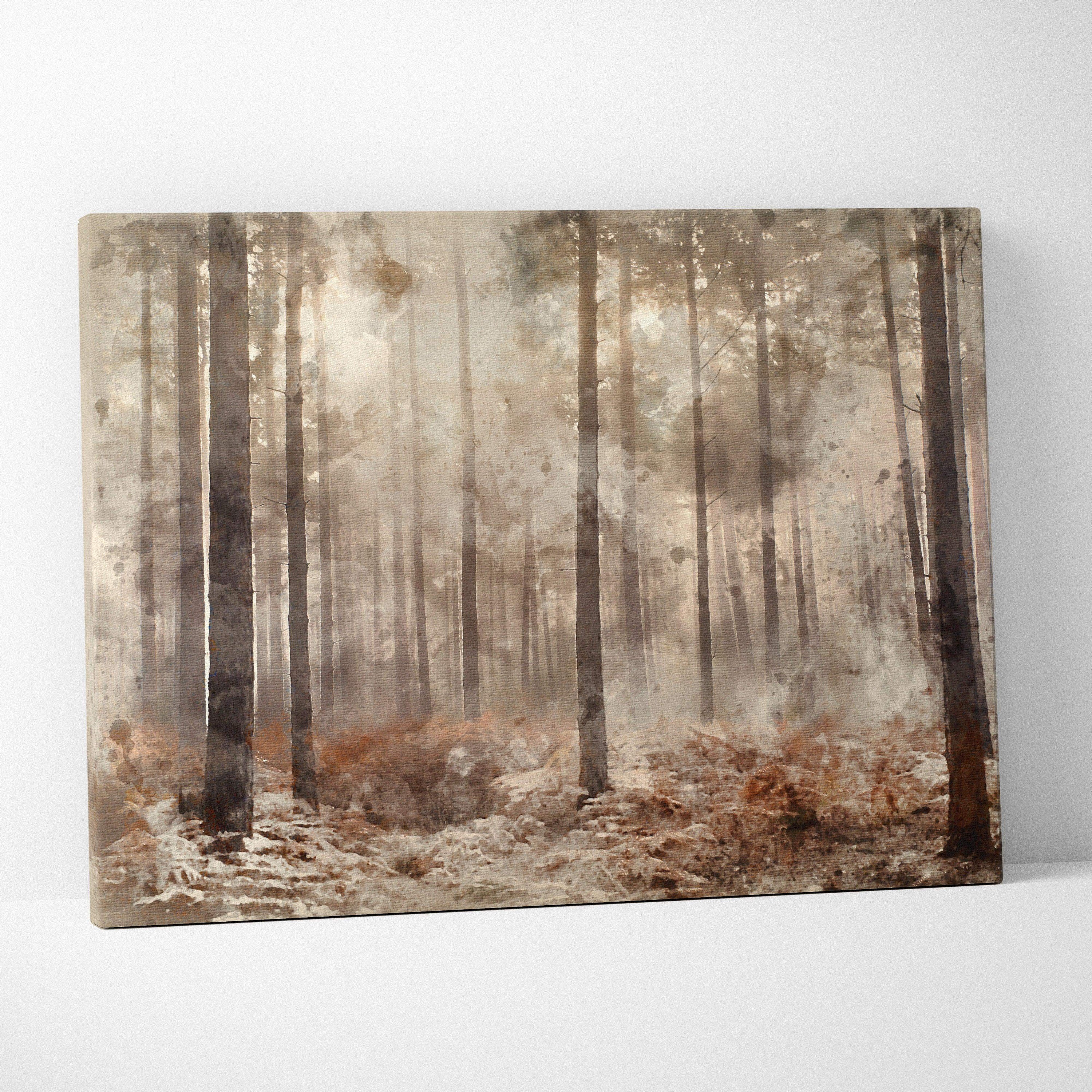 Misty woodland watercolor forest canvas art in sepia beige earth tones