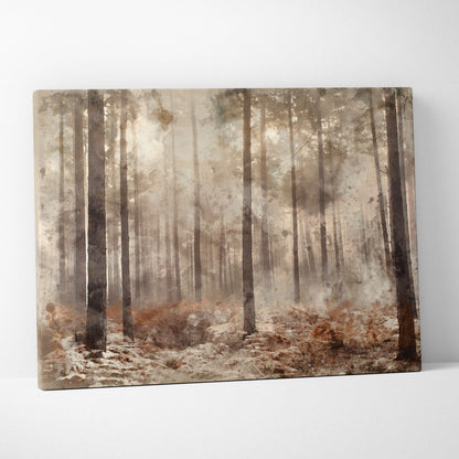 Misty woodland watercolor forest canvas art in sepia beige earth tones
