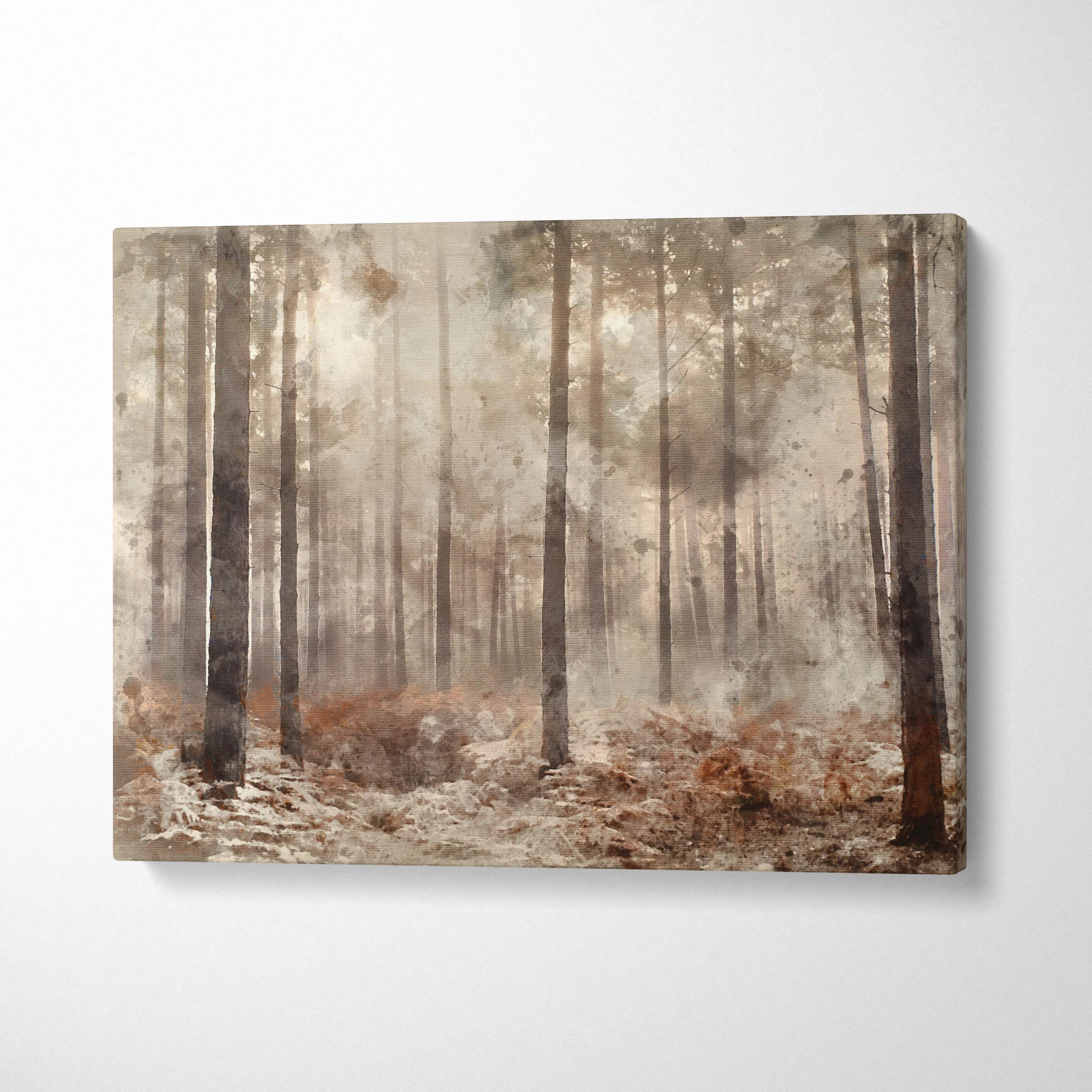 Misty woodland watercolor forest canvas art in sepia beige earth tones