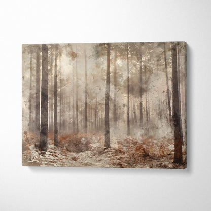 Misty woodland watercolor forest canvas art in sepia beige earth tones