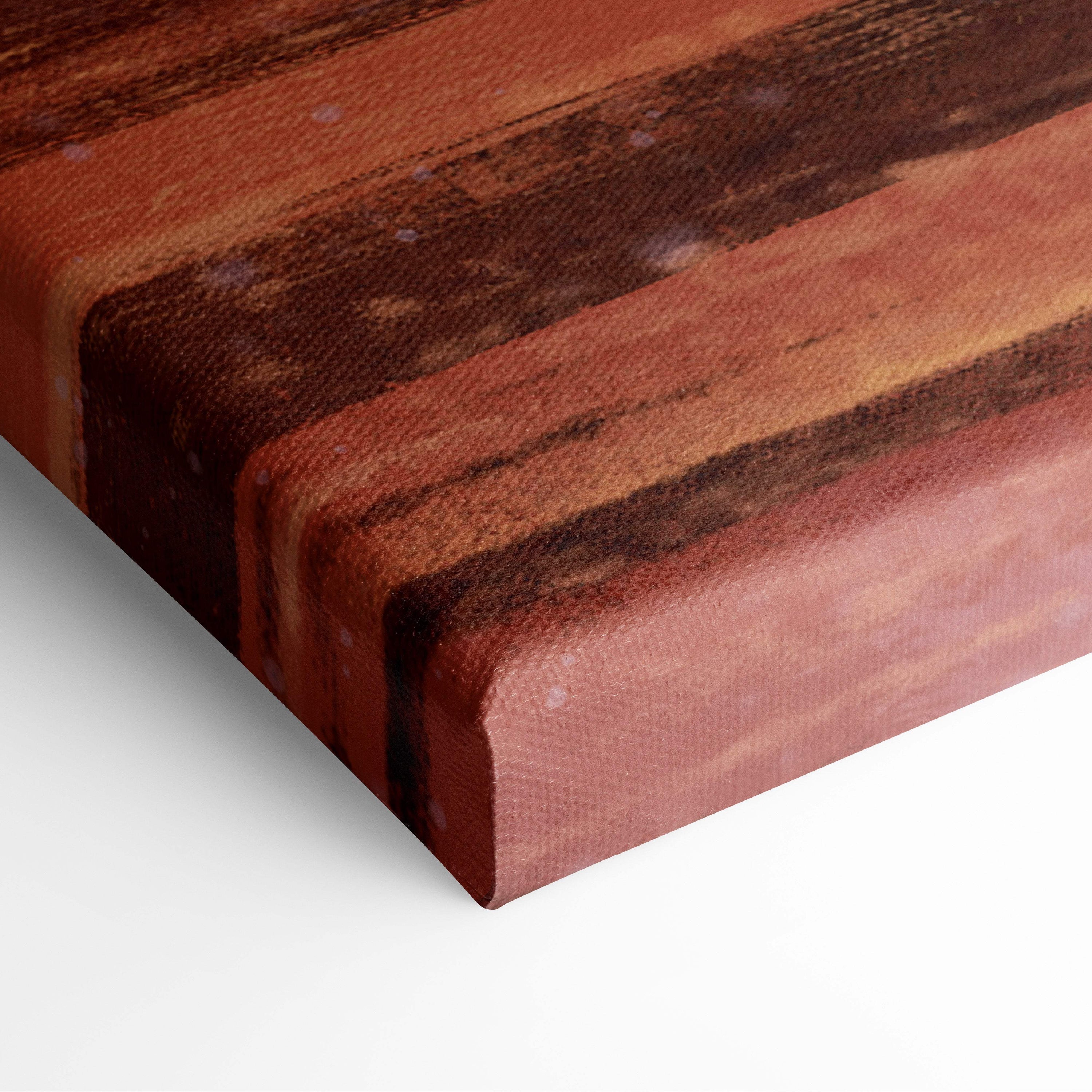 A rustic wooden cutting board with reddish-brown and dark brown stripes for kitchen use or food preparation