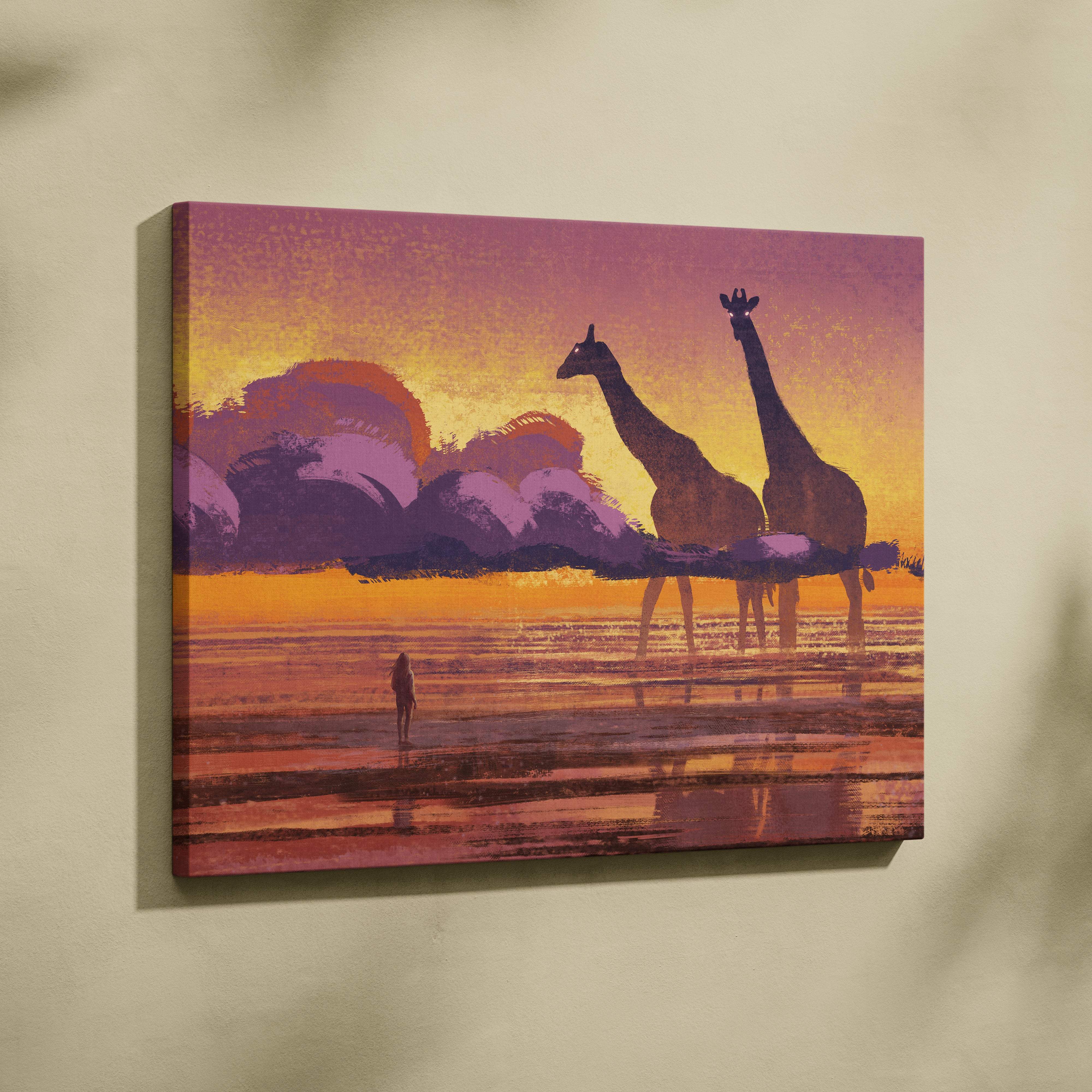 A vibrant giraffe sunset canvas wall art print with purple and orange hues for whimsical kids room decor