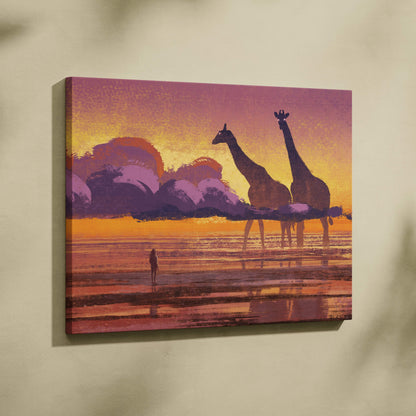 A vibrant giraffe sunset canvas wall art print with purple and orange hues for whimsical kids room decor