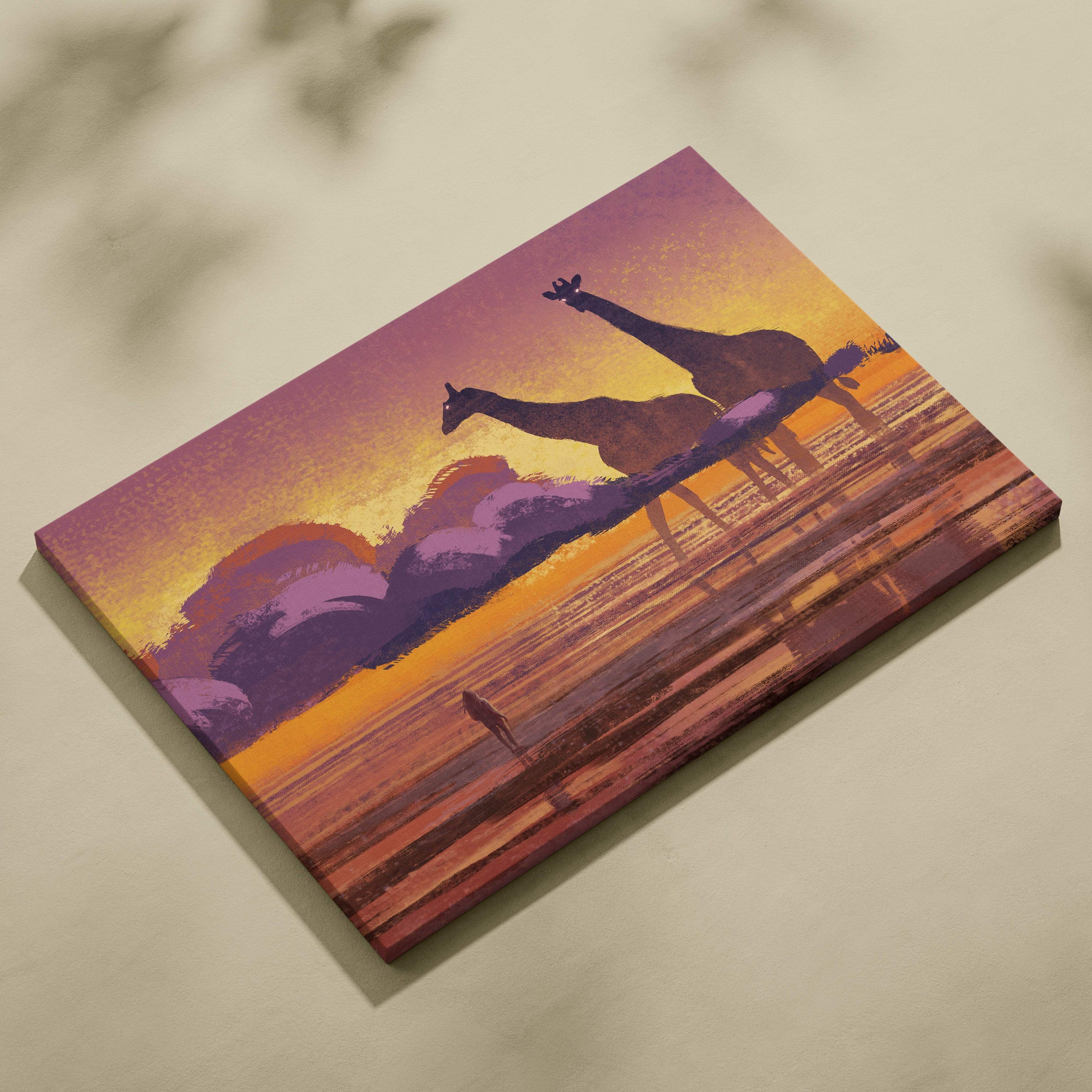 Vibrant giraffe sunset canvas wall art print with orange and purple hues for whimsical kids room or nursery decor