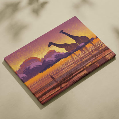 Vibrant giraffe sunset canvas wall art print with orange and purple hues for whimsical kids room or nursery decor