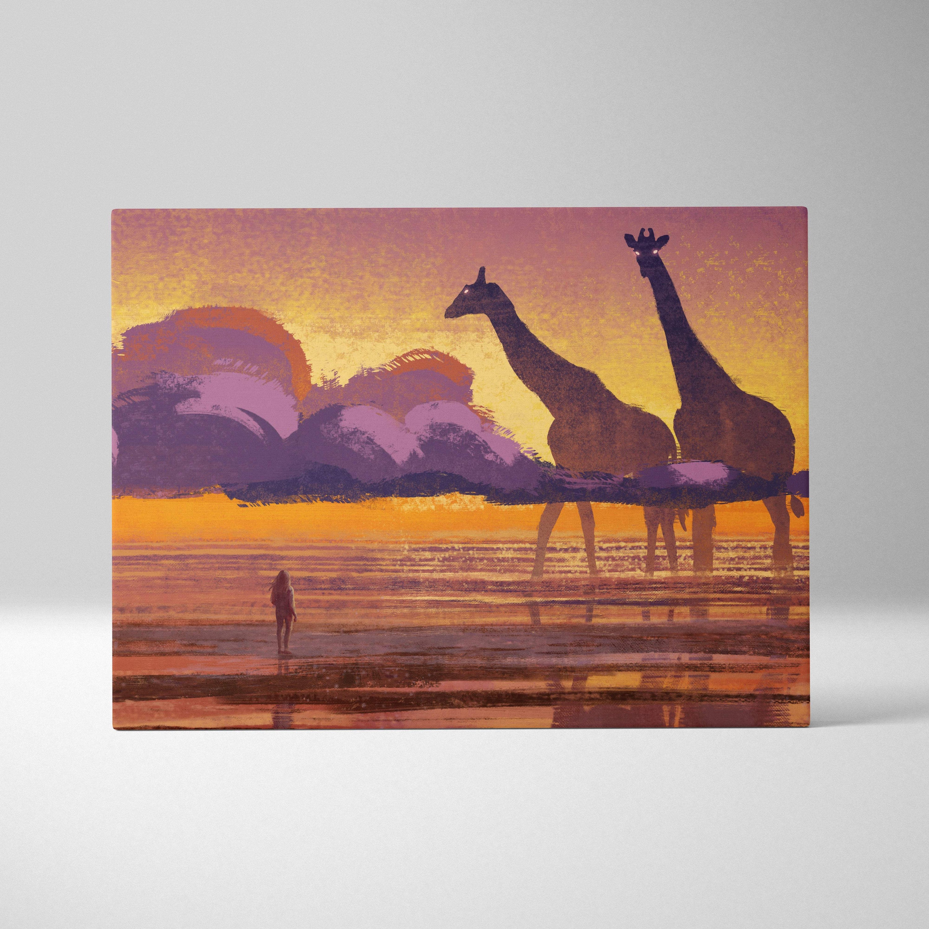 Rectangular canvas print of stylized giraffe sunset with orange and purple skies for whimsical kids room decor