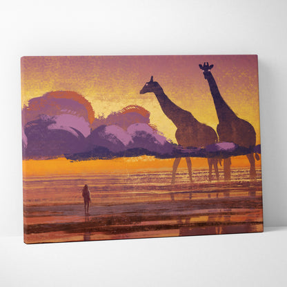 Vibrant giraffe sunset canvas wall art print with orange purple hues on reflective water for nursery decor