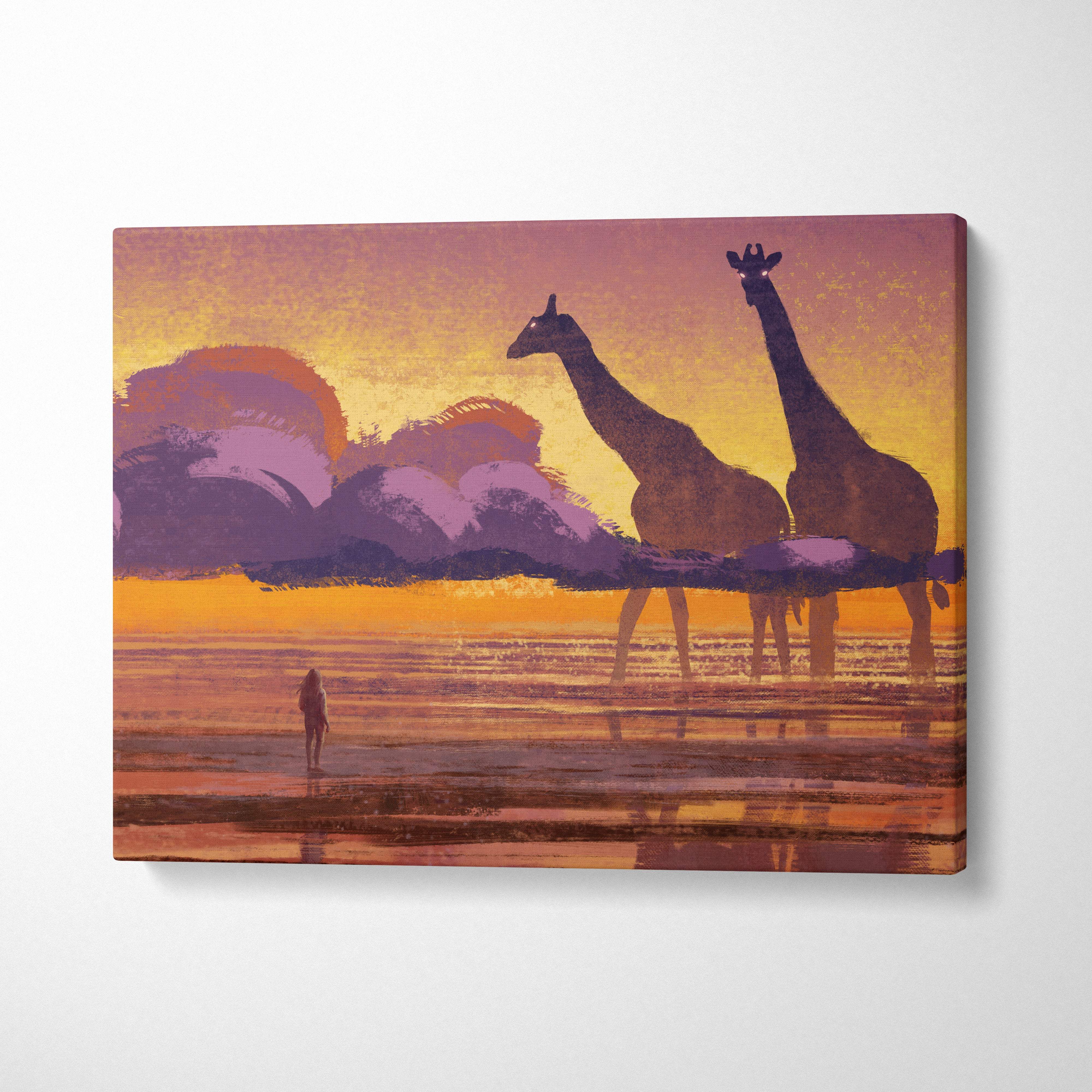 Vibrant giraffe sunset canvas wall art print featuring orange and purple safari silhouettes for kids room decor