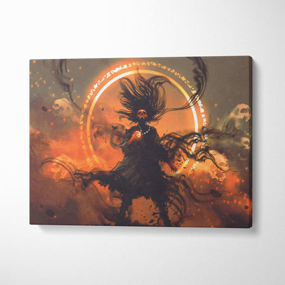 Canvas print of a skull-faced sorcerer with long black hair fiery aura and floating spirits on an orange smoky background