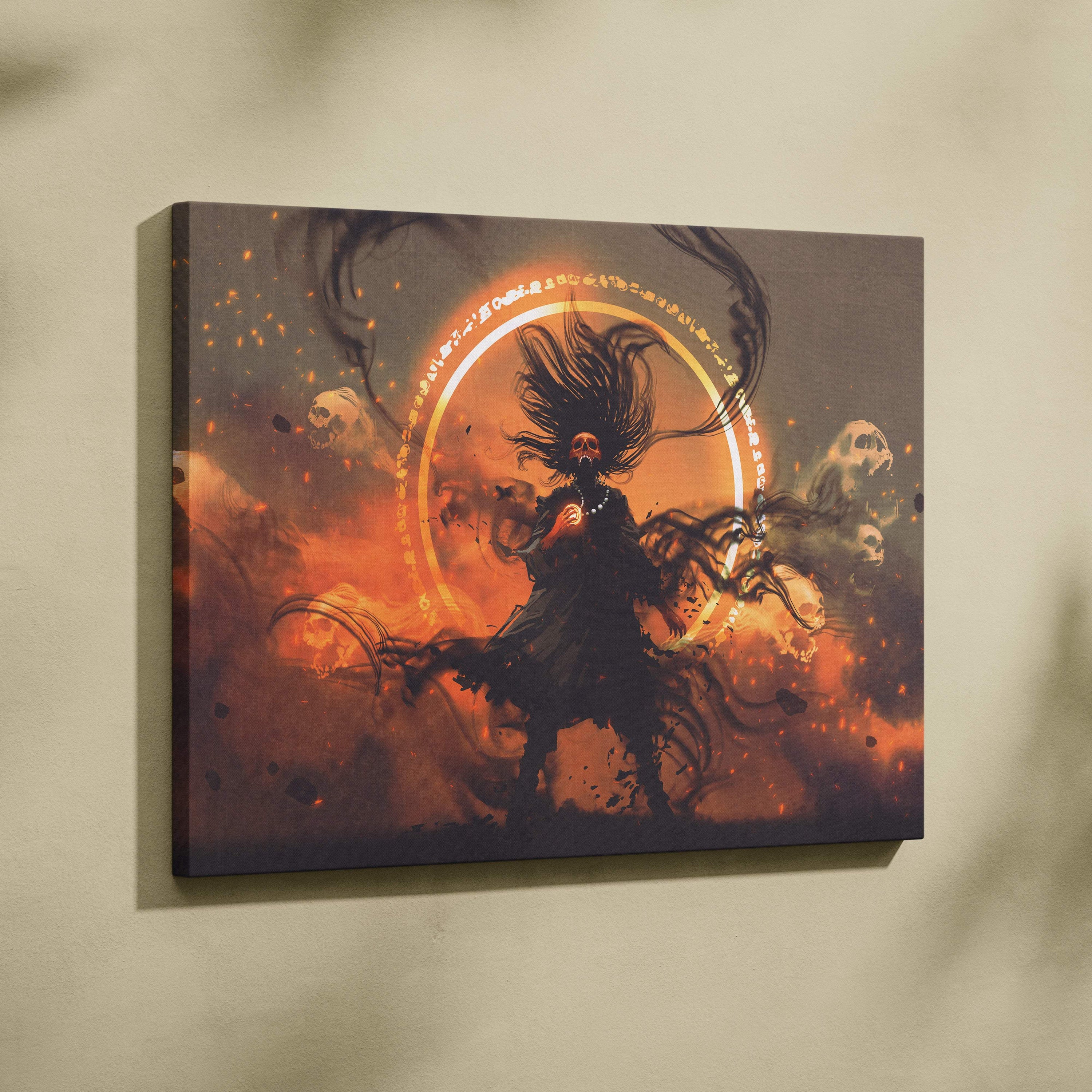 Dark necromancer ritual wall art print featuring a skeletal sorcerer with flowing black hair and glowing orange aura surrounded by skulls