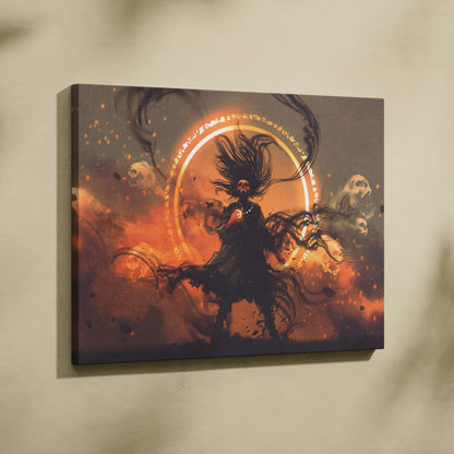 Dark necromancer ritual wall art print featuring a skeletal sorcerer with flowing black hair and glowing orange aura surrounded by skulls