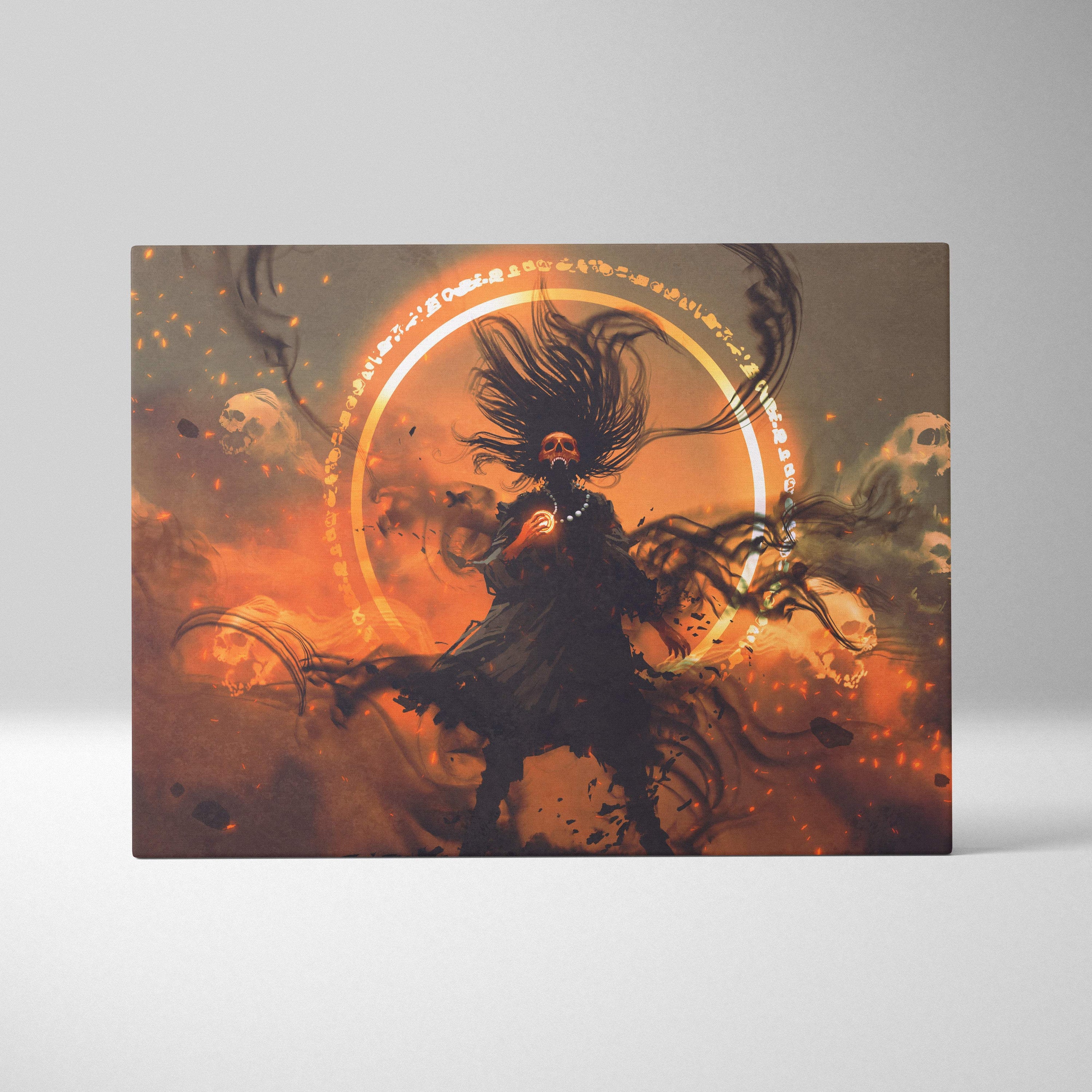 Dark necromancer ritual wall art canvas print with skull-faced sorcerer and fiery orange aura on gothic fantasy background
