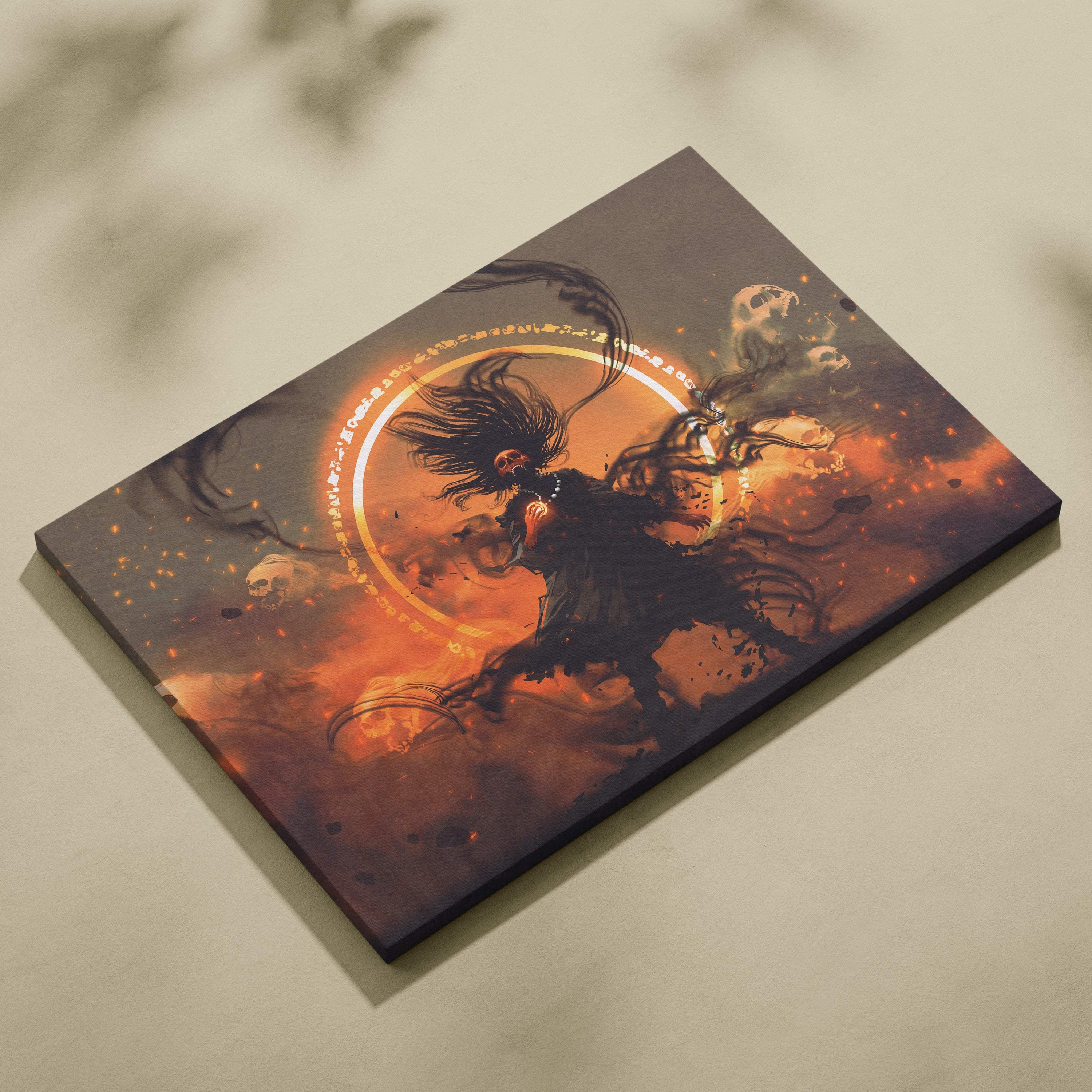 A rectangular canvas print of a skull-faced sorcerer with fiery orange and black aura and glowing runes in gothic style