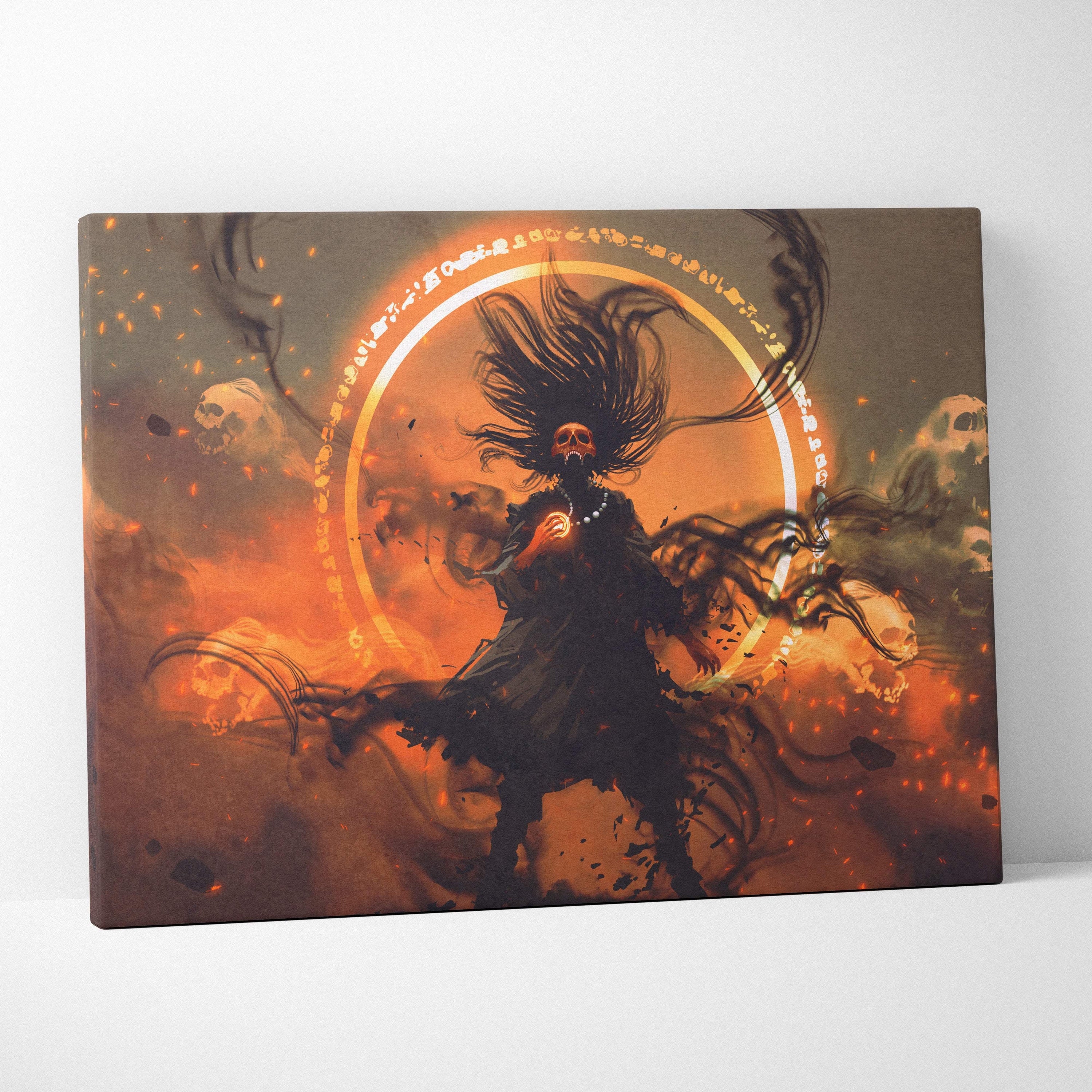 Dark necromancer ritual canvas print with skull-faced sorcerer, fiery orange background, and flowing black hair design