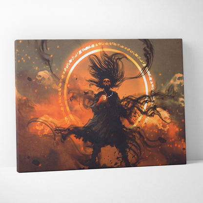 Dark necromancer ritual canvas print with skull-faced sorcerer, fiery orange background, and flowing black hair design