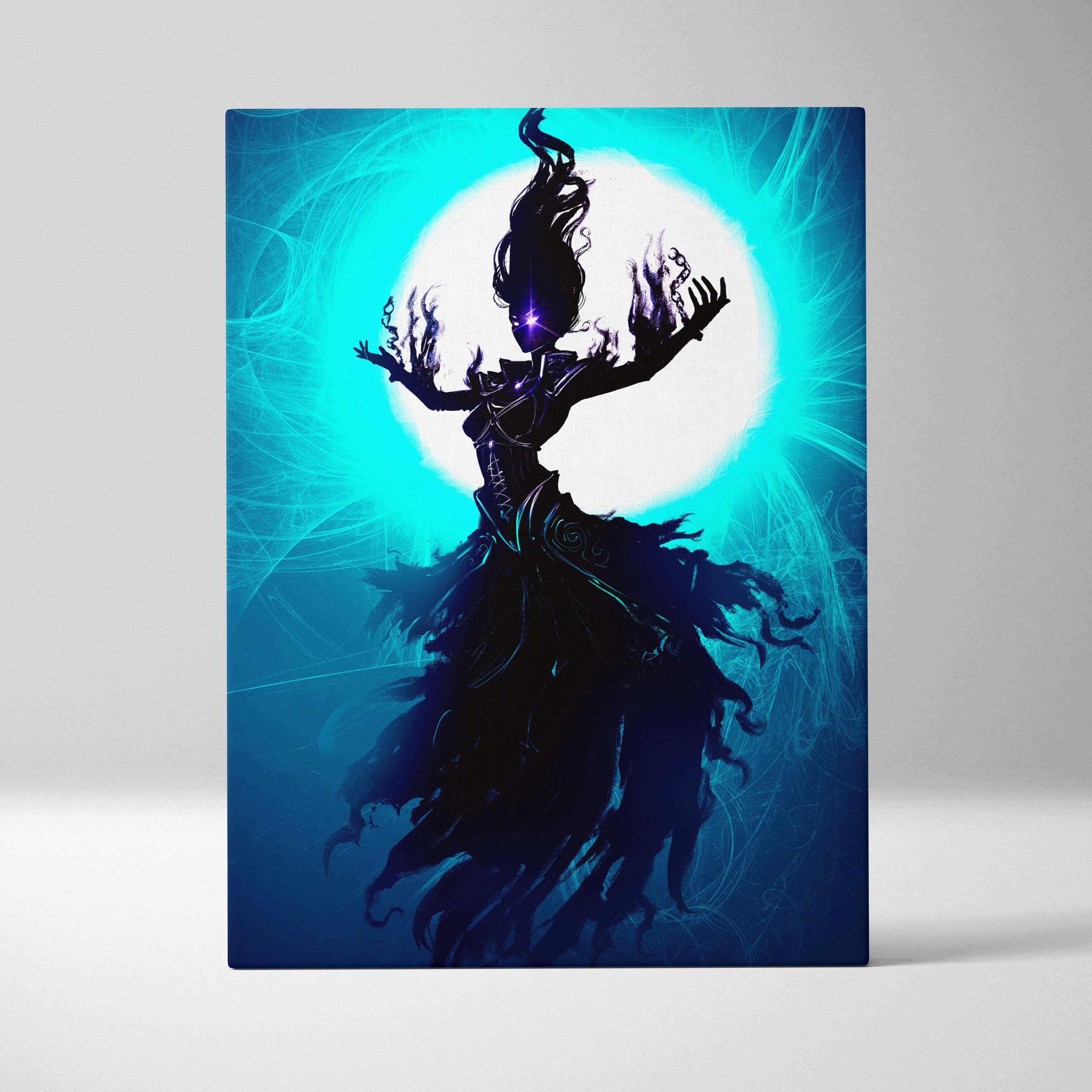 Ethereal shadow sorceress canvas art featuring a black silhouette with glowing purple eyes and blue mystic aura