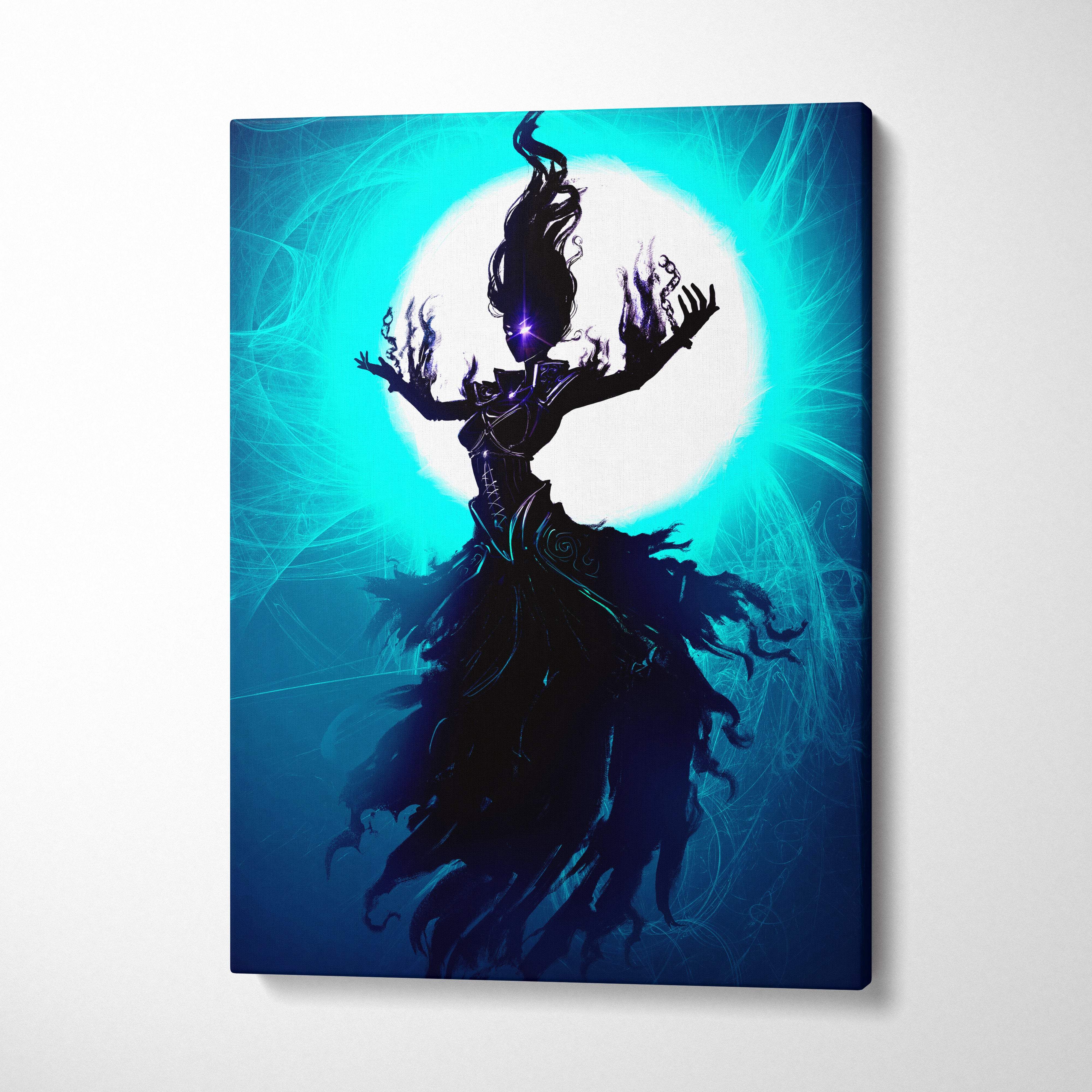 Black silhouette canvas print of a dark fantasy woman with glowing purple eyes against a radiant blue circular background