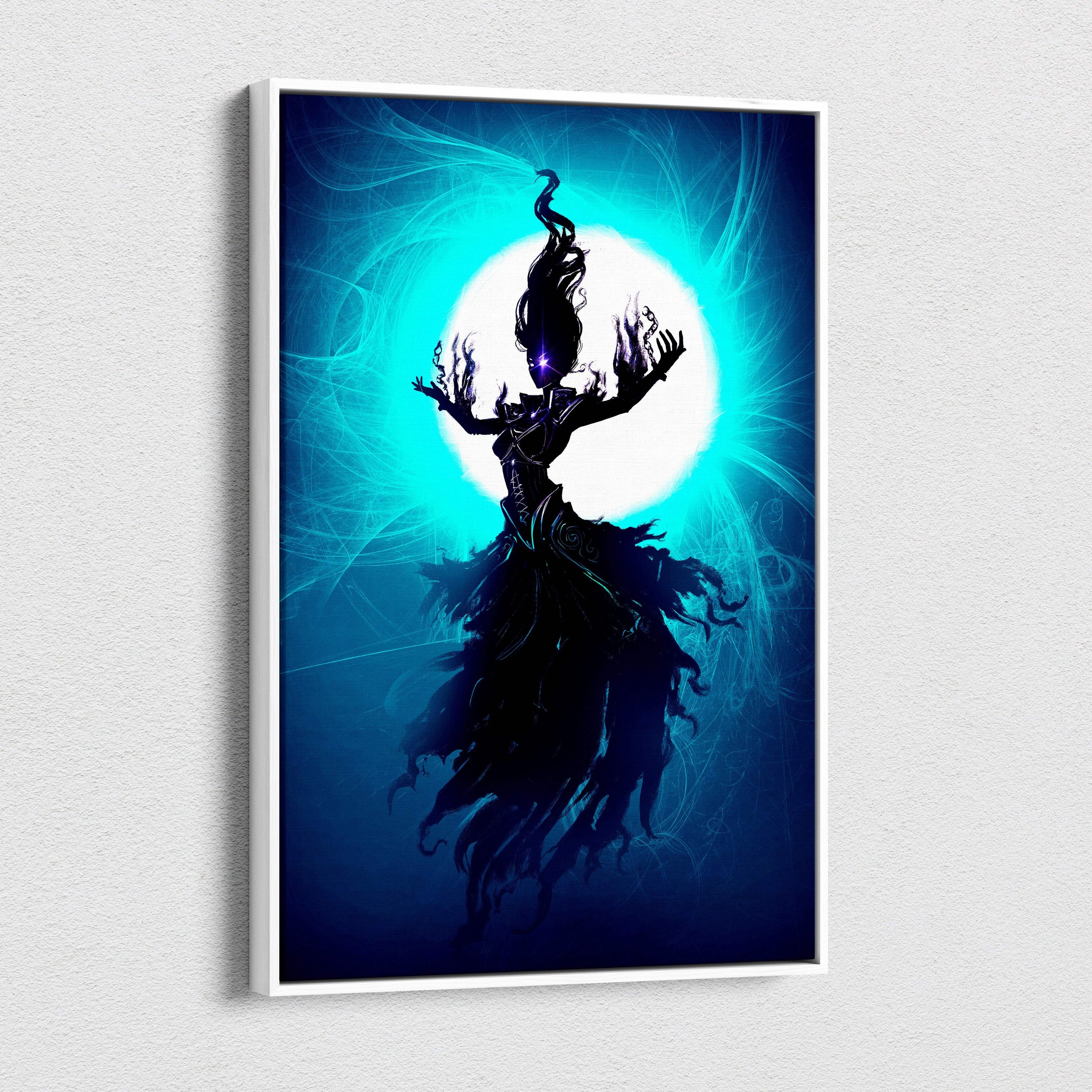 A framed canvas art of a dark fantasy woman silhouette with glowing eyes and blue teal mystic energy background