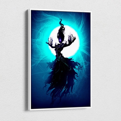 A framed canvas art of a dark fantasy woman silhouette with glowing eyes and blue teal mystic energy background