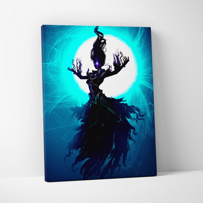 Ethereal shadow sorceress dark fantasy woman canvas art with glowing turquoise silhouette and mystic blue teal aura