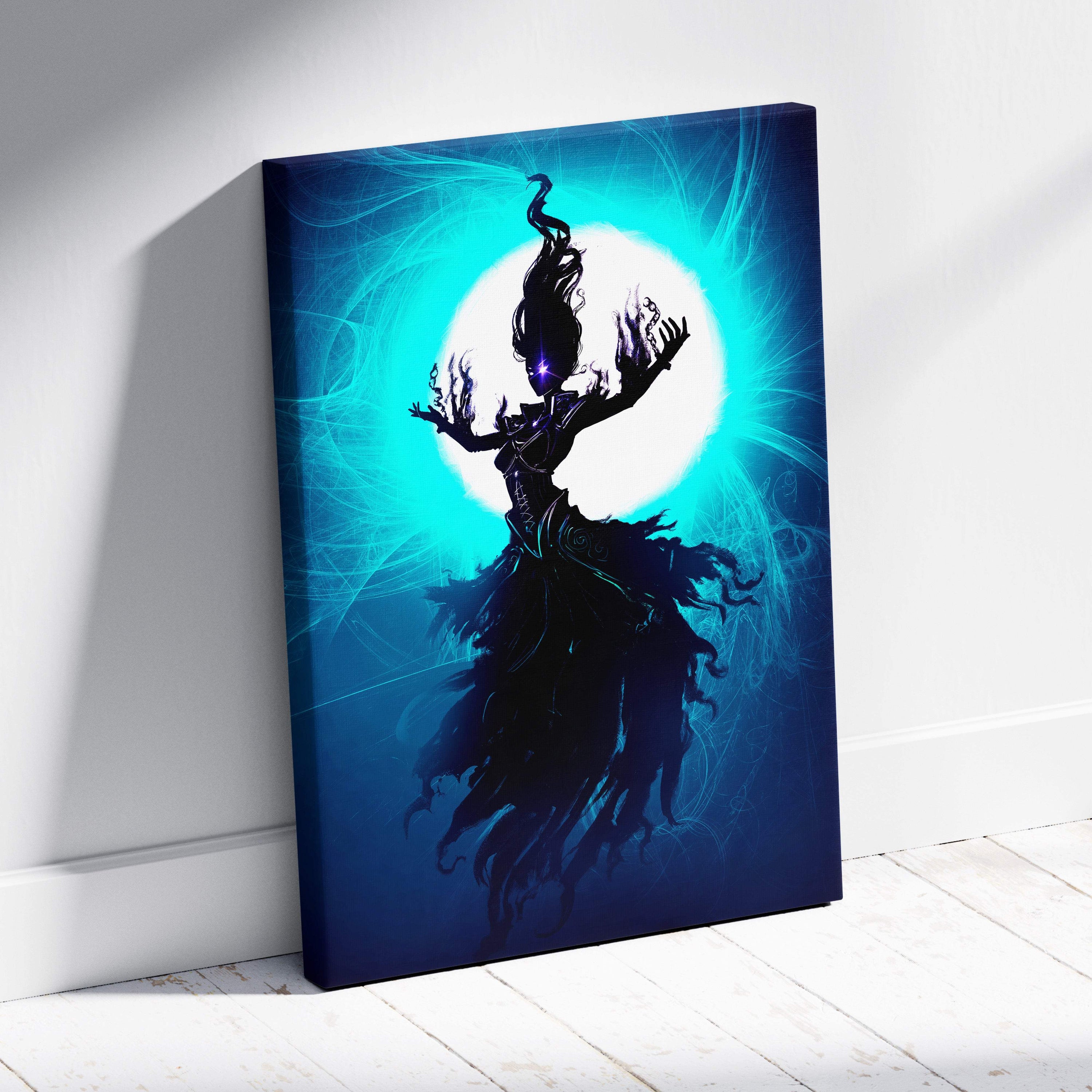 Blue canvas print of a dark silhouette ethereal woman with flowing hair against a glowing turquoise moon wall decor