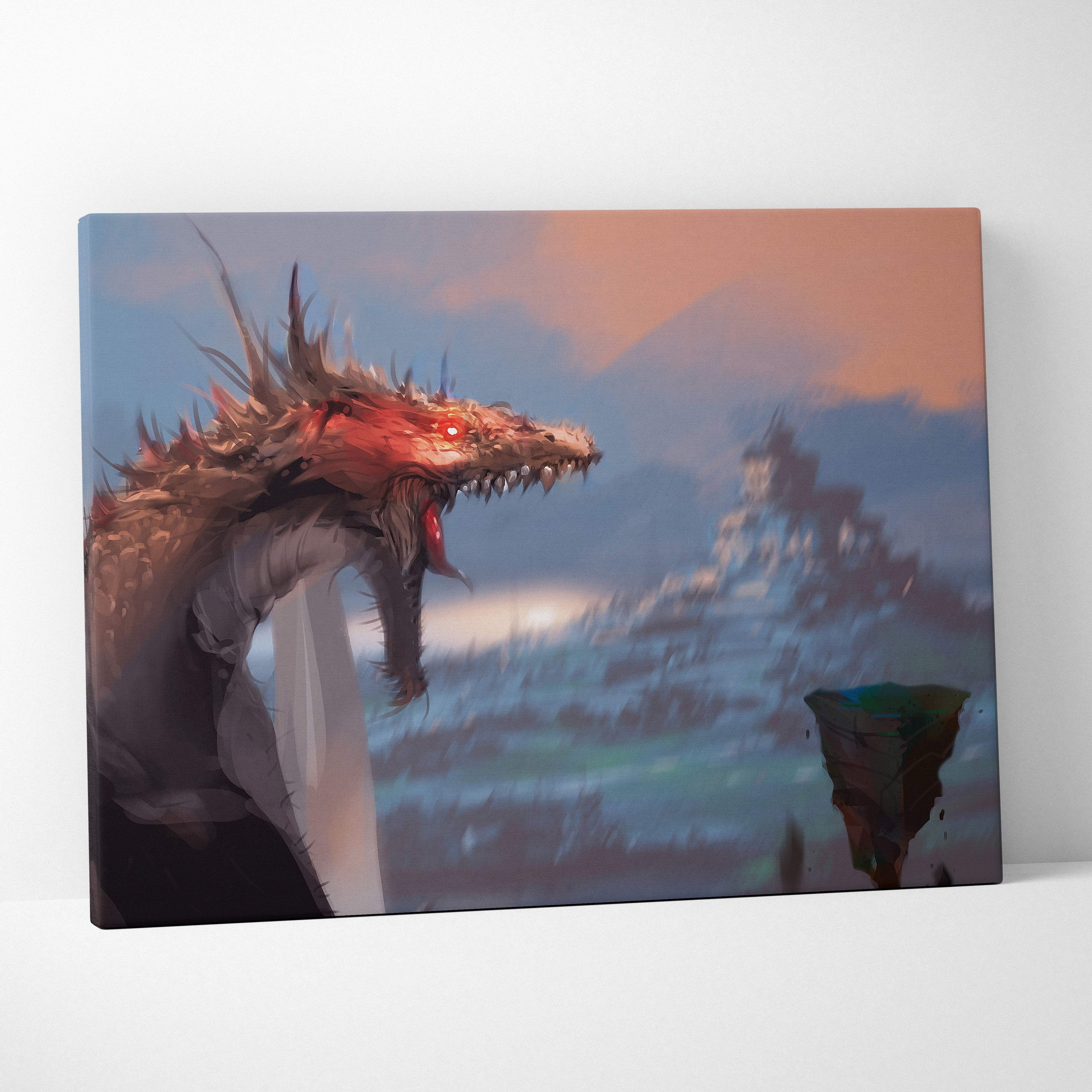 Dragon fantasy canvas print featuring a vivid red-scaled dragon with glowing eyes over ruins in a cinematic style