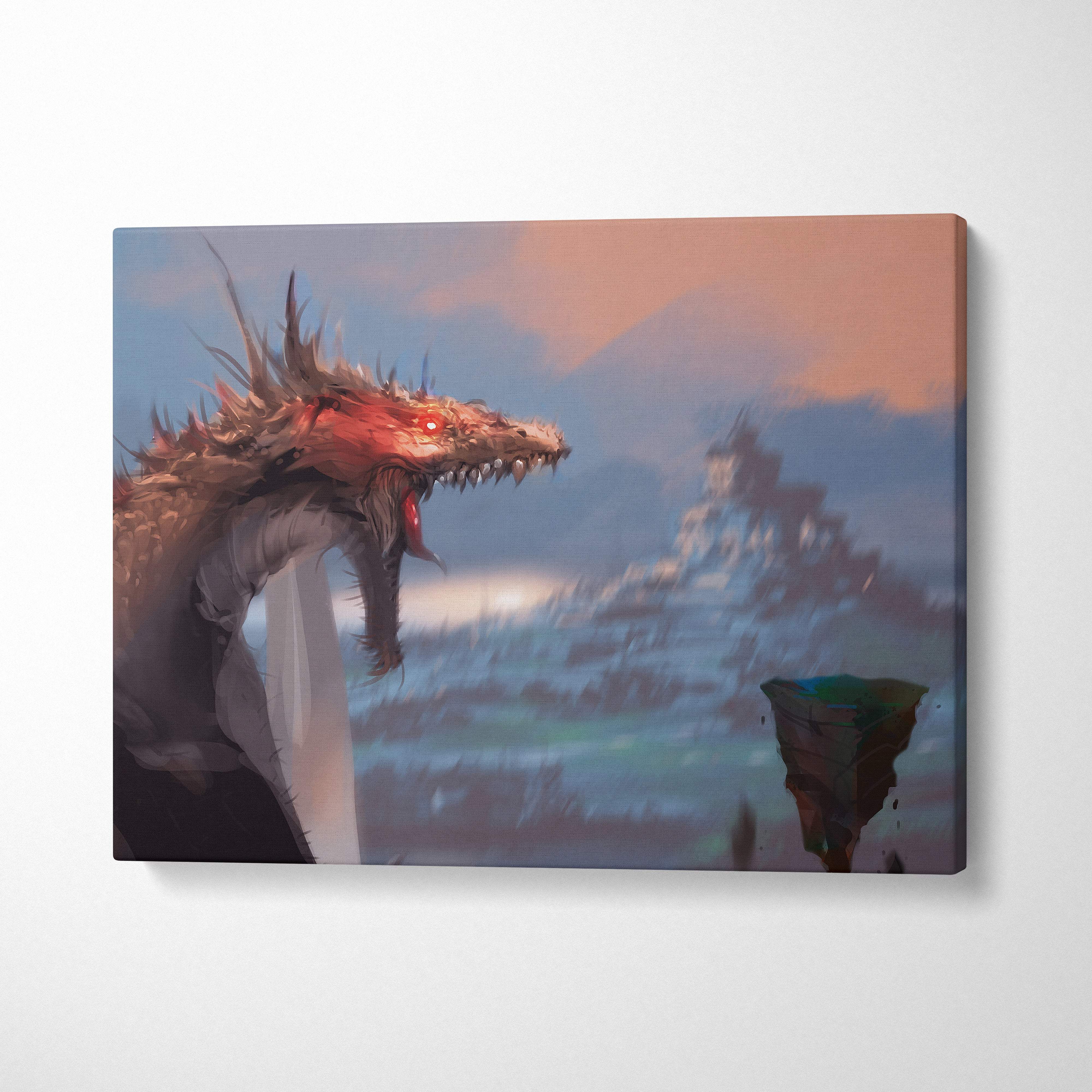 Dragon fantasy canvas print featuring a red-eyed spiky dragon with sharp teeth against a misty mountain backdrop