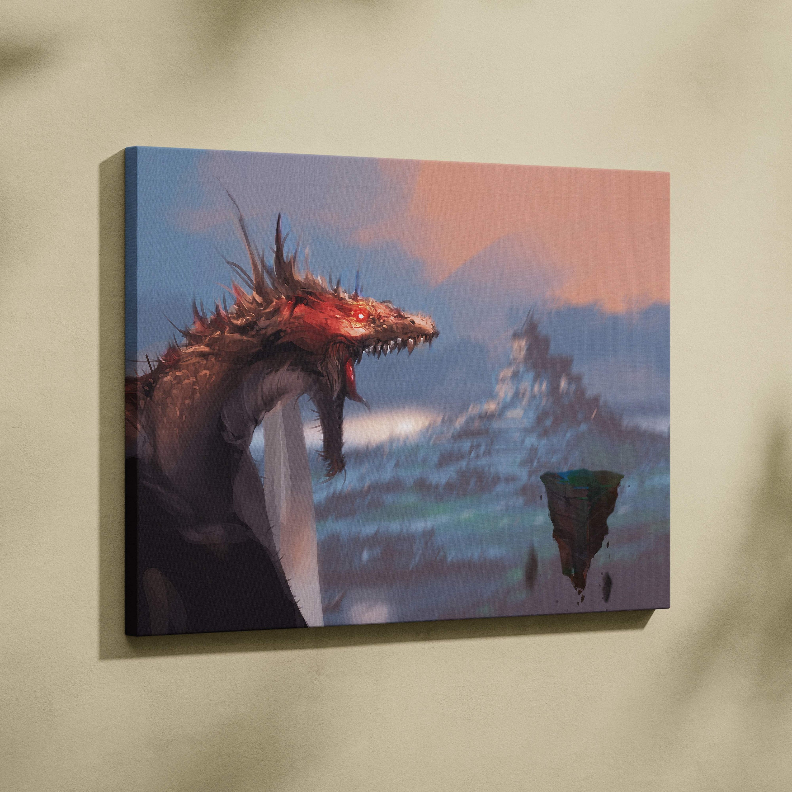 Dragon fantasy canvas print featuring a vivid red-scaled dragon with spiky ridges against floating islands backdrop