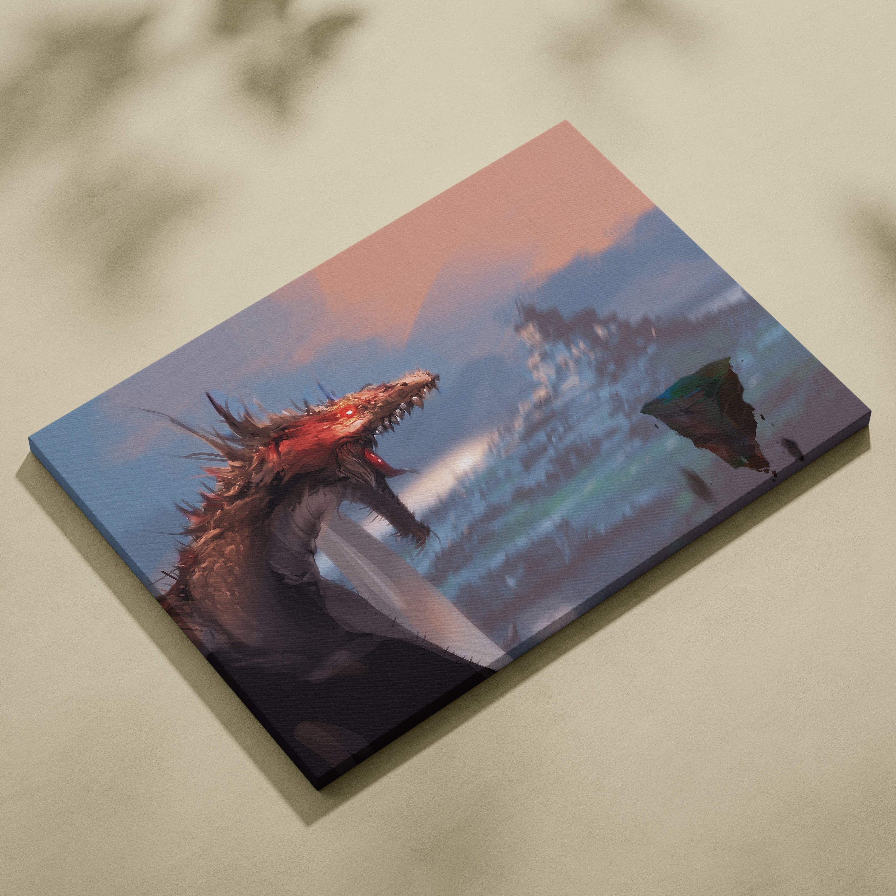 A rectangular red-scaled dragon canvas print with glowing eyes roaring over stormy seas and floating islands