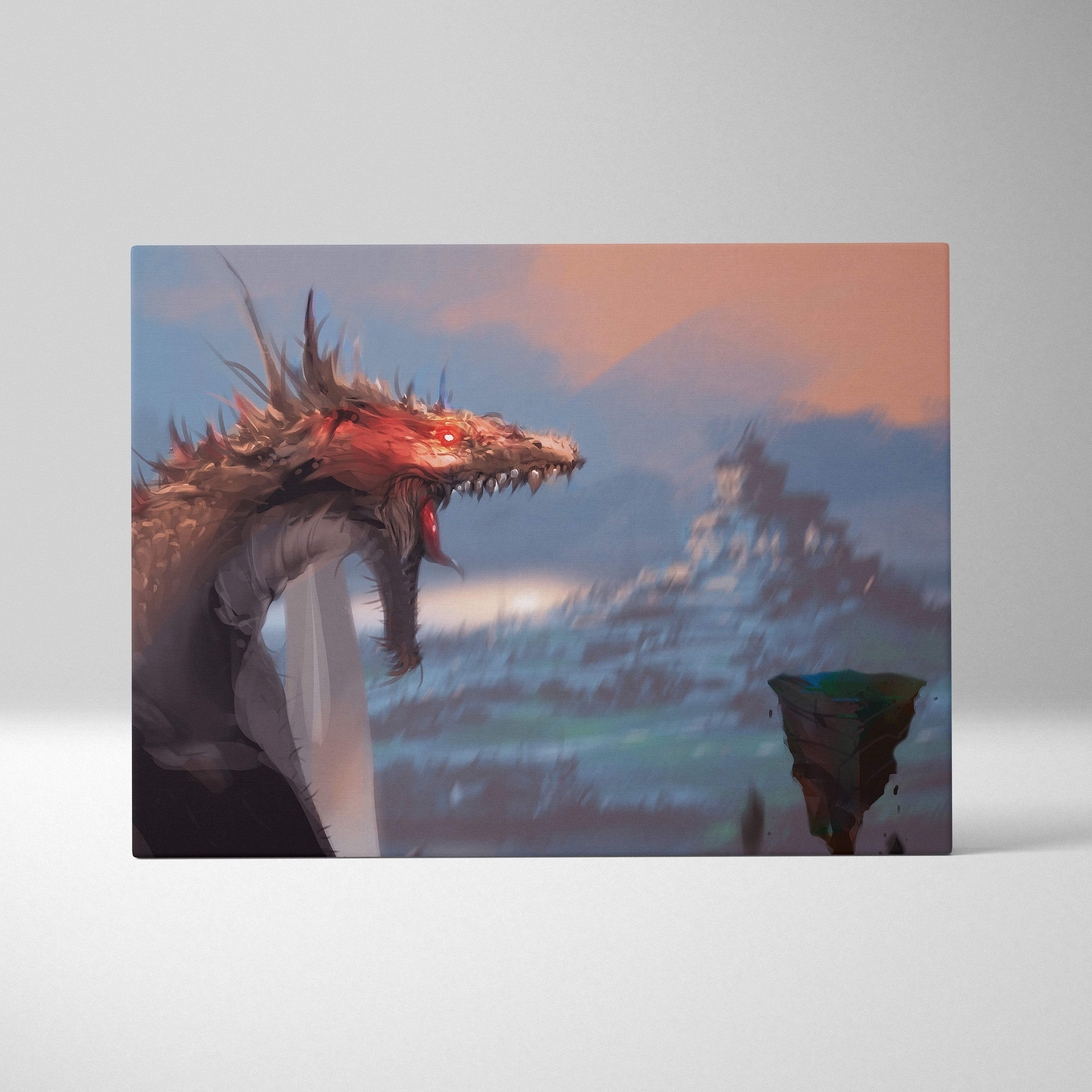Rectangular canvas print of a dragon with red glowing eyes and spiky scales against a misty landscape backdrop