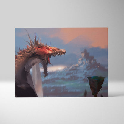 Rectangular canvas print of a dragon with red glowing eyes and spiky scales against a misty landscape backdrop