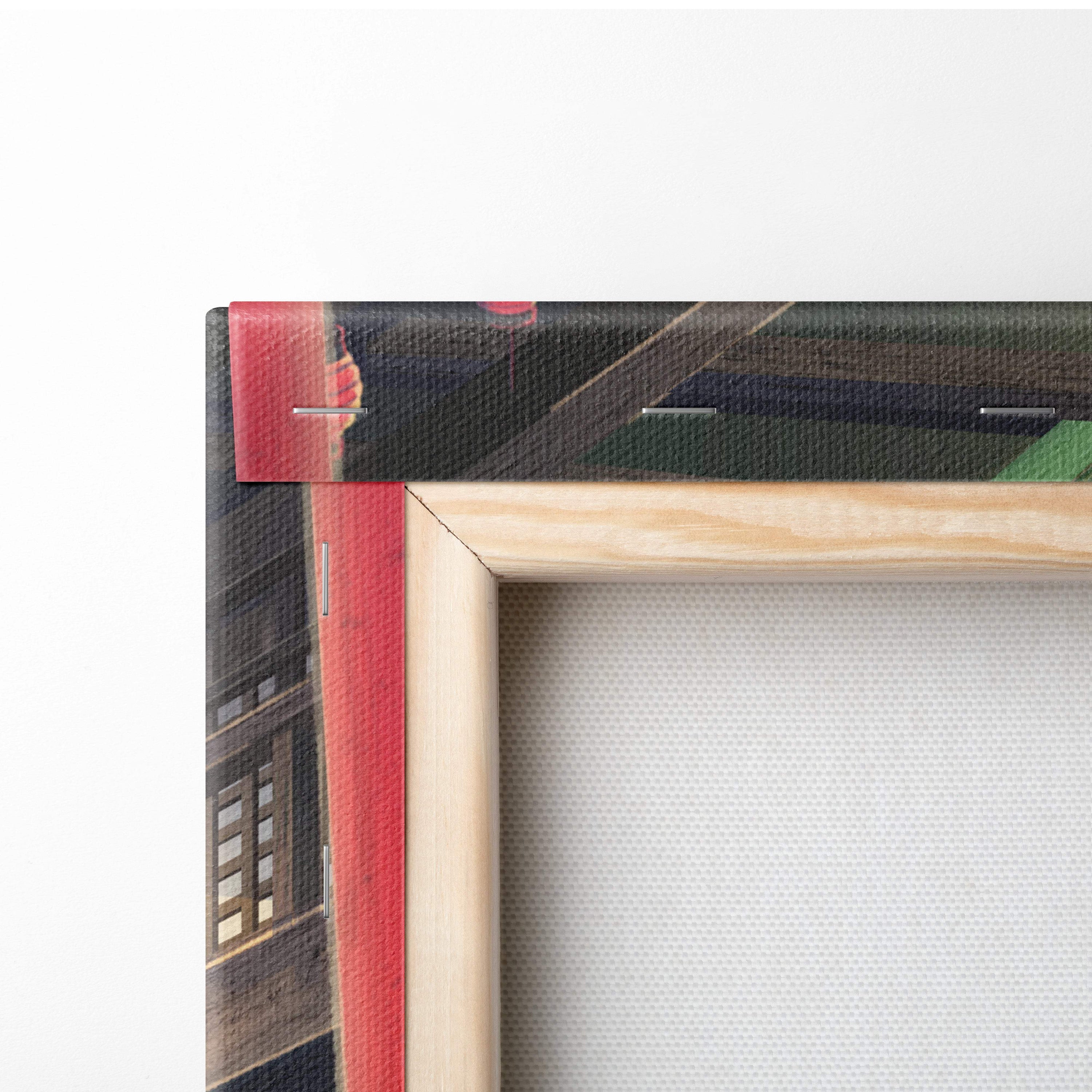Light wood frame canvas print featuring red black and green japanese anime street architecture for modern bedrooms