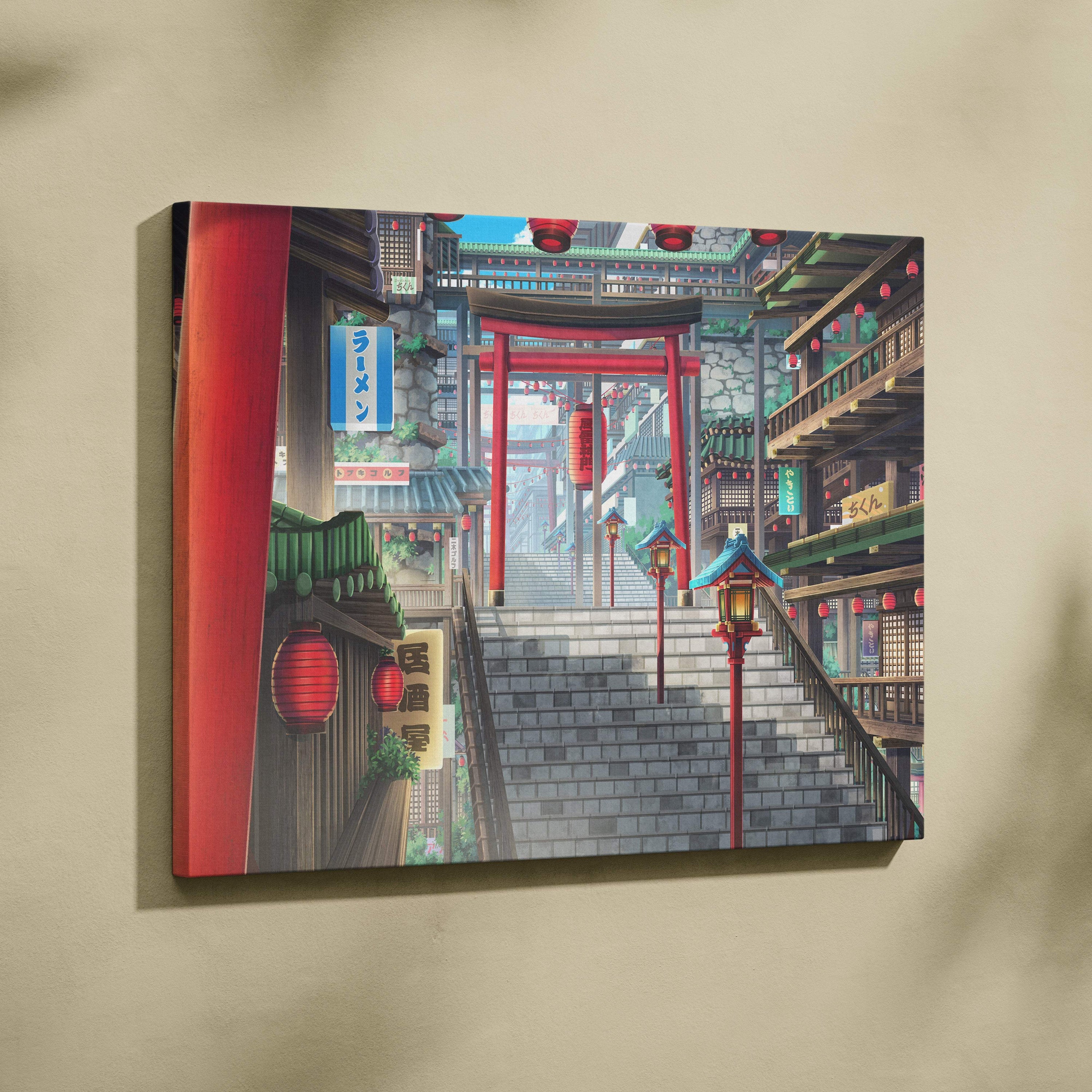 A vibrant anime-style canvas print featuring red torii gates lanterns and traditional japanese street scene for decor