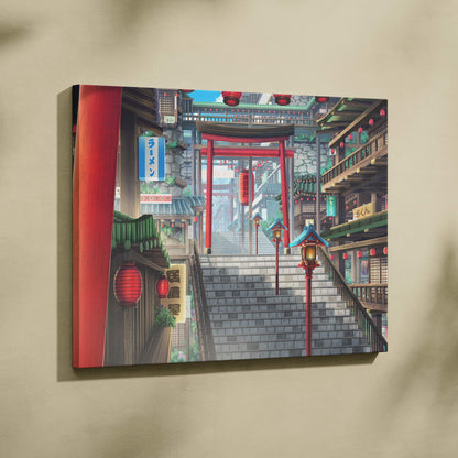 A vibrant anime-style canvas print featuring red torii gates lanterns and traditional japanese street scene for decor